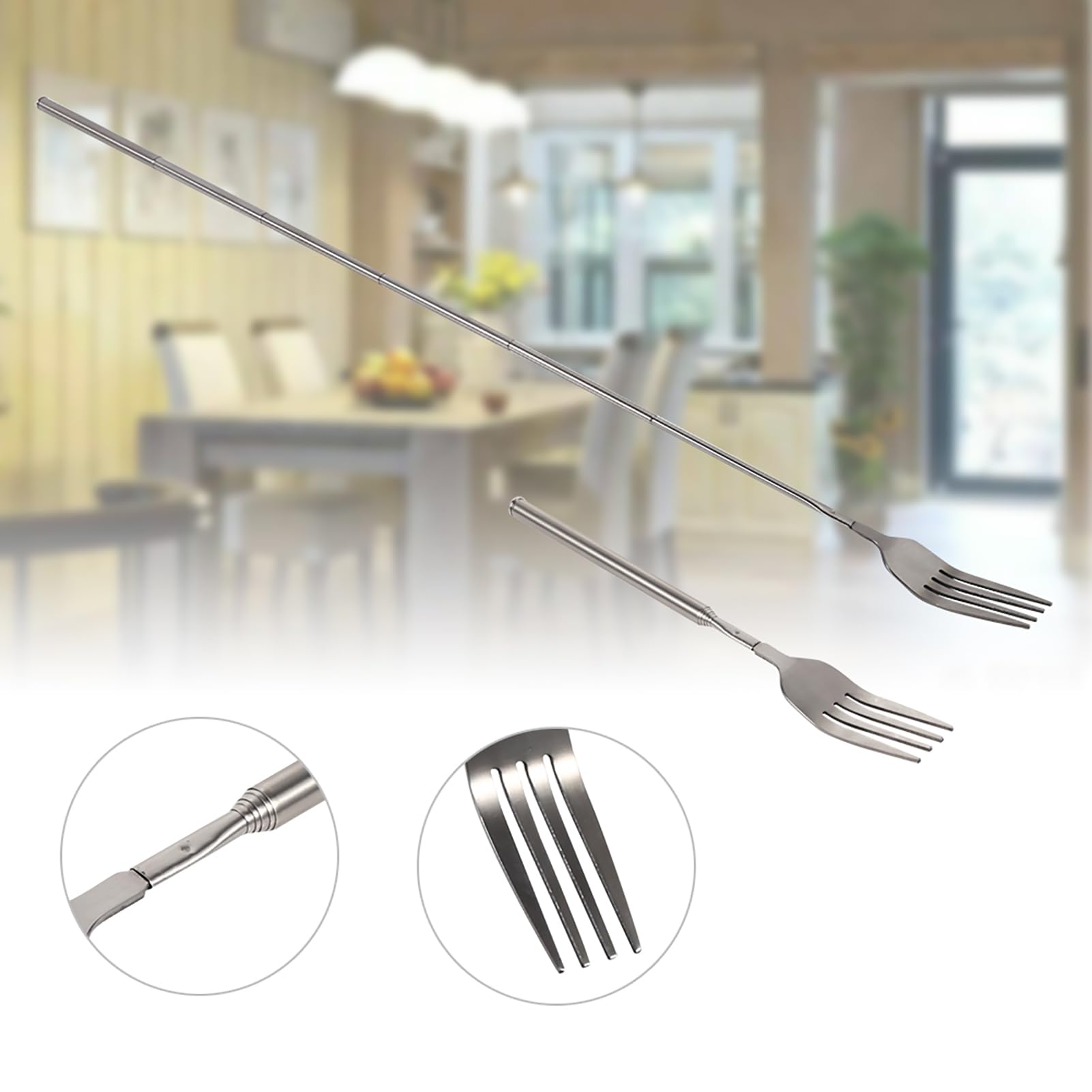 Diyeeni Stainless Steel Dinner Fork Set 5Pcs BBQ Telescopic Extendable Long Handle Anti Rust Sturdy Cutlery for Fruit and Dessert - View 6 of 9