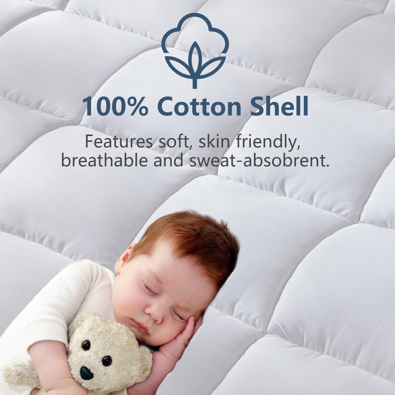 CozyLux CozyLux Queen Size Pillow Top Cotton Mattress Pad with Deep Pocket Quilted Cooling Protector 60x80 inch White - View 2 of 8