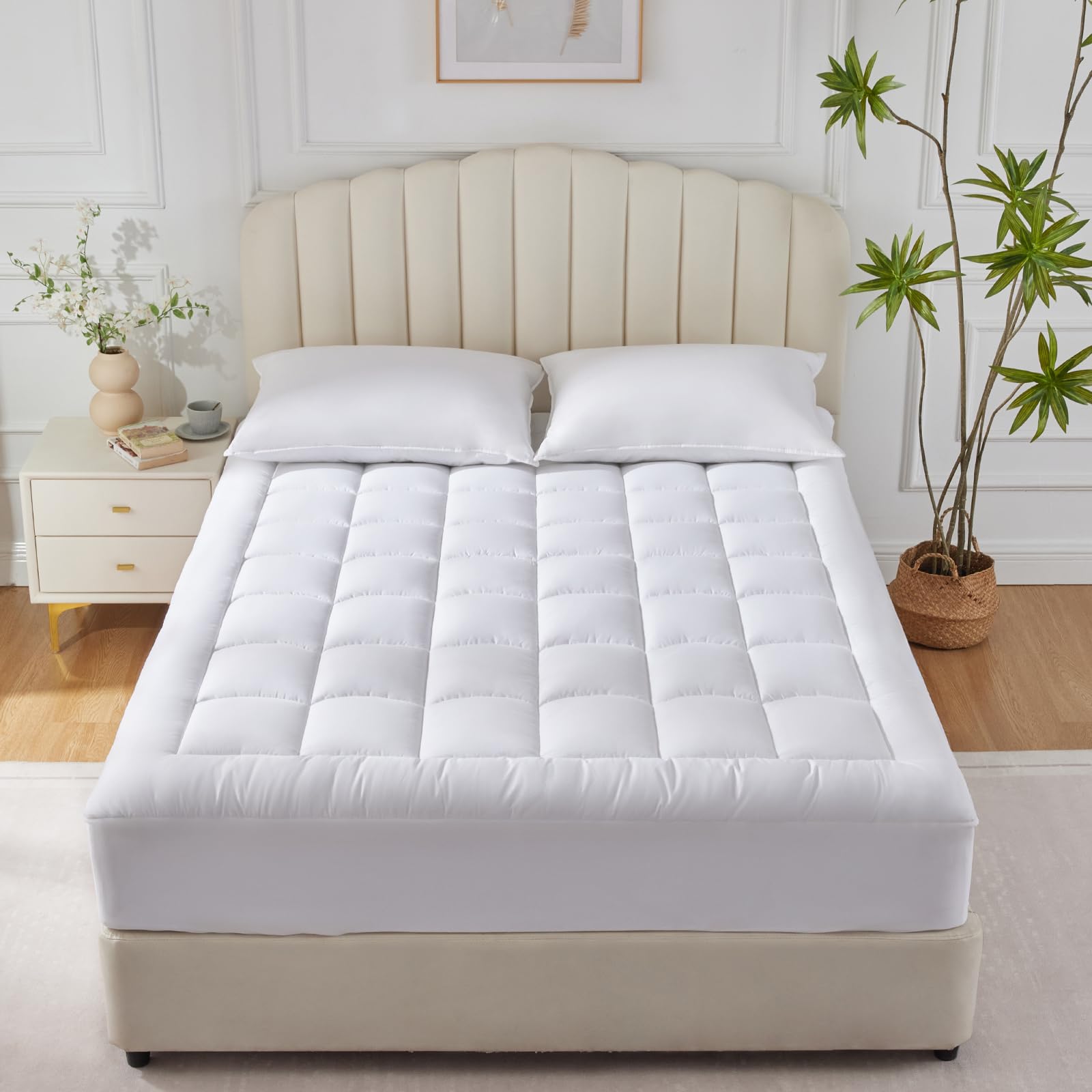 CozyLux CozyLux Queen Size Pillow Top Cotton Mattress Pad with Deep Pocket Quilted Cooling Protector 60x80 inch White - View 7 of 8