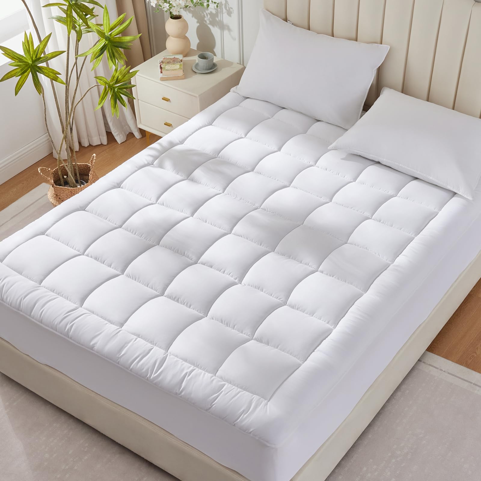 CozyLux CozyLux Queen Size Pillow Top Cotton Mattress Pad with Deep Pocket Quilted Cooling Protector 60x80 inch White - View 8 of 8