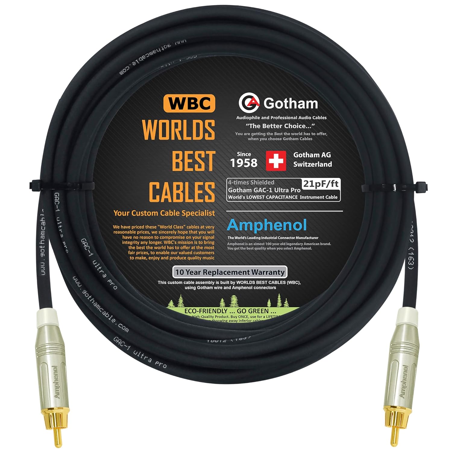 WORLDS BEST CABLES 75 Foot Gotham GAC-1 Ultra Pro Low-Cap Center-Channel Subwoofer Cable with Gold Plated RCA Connectors