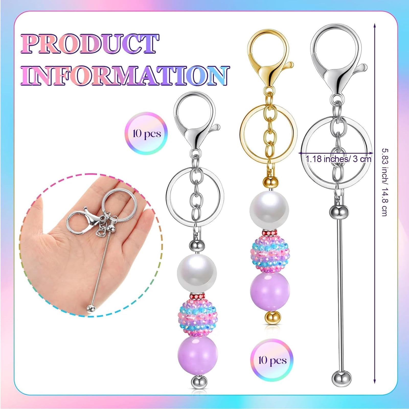 Ecation Ecation 20 Pcs Metal Beadable Keychain Bars for DIY Jewelry Making and Craft Projects in Silver and Gold - View 2 of 6