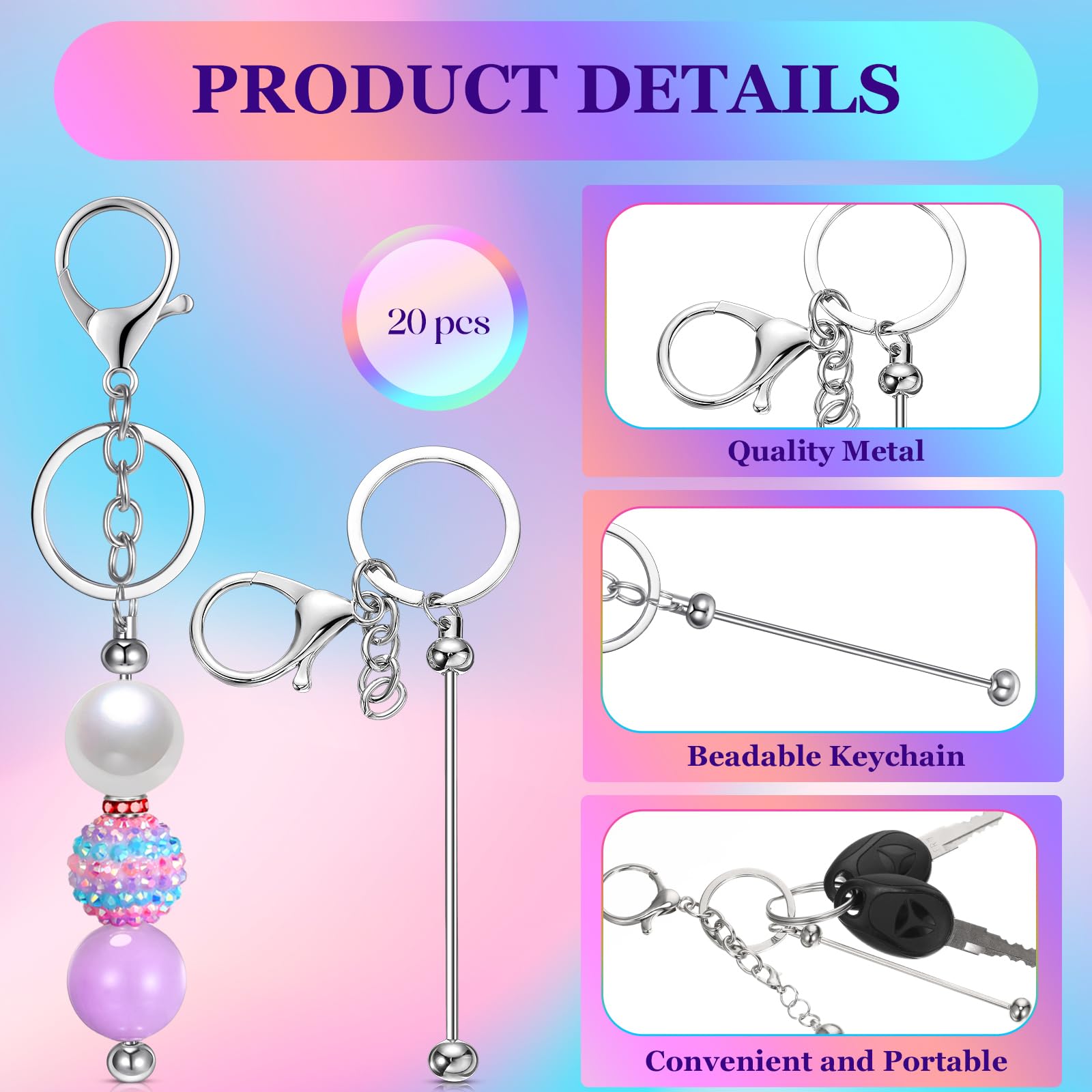 Ecation Ecation 20 Pcs Metal Beadable Keychain Bars for DIY Jewelry Making and Craft Projects in Silver and Gold - View 3 of 6