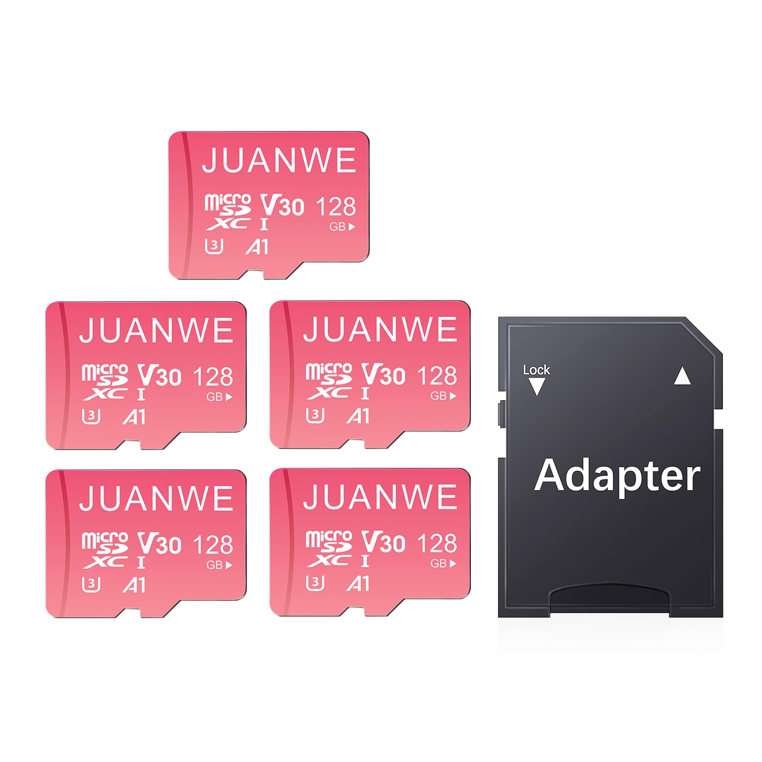 JUANWE JUANWE 128GB Micro SD Card 5 Pack A1 U3 V30 4K Video Recording TF Cards with Adapter for Phone Dash Cam Security Camera