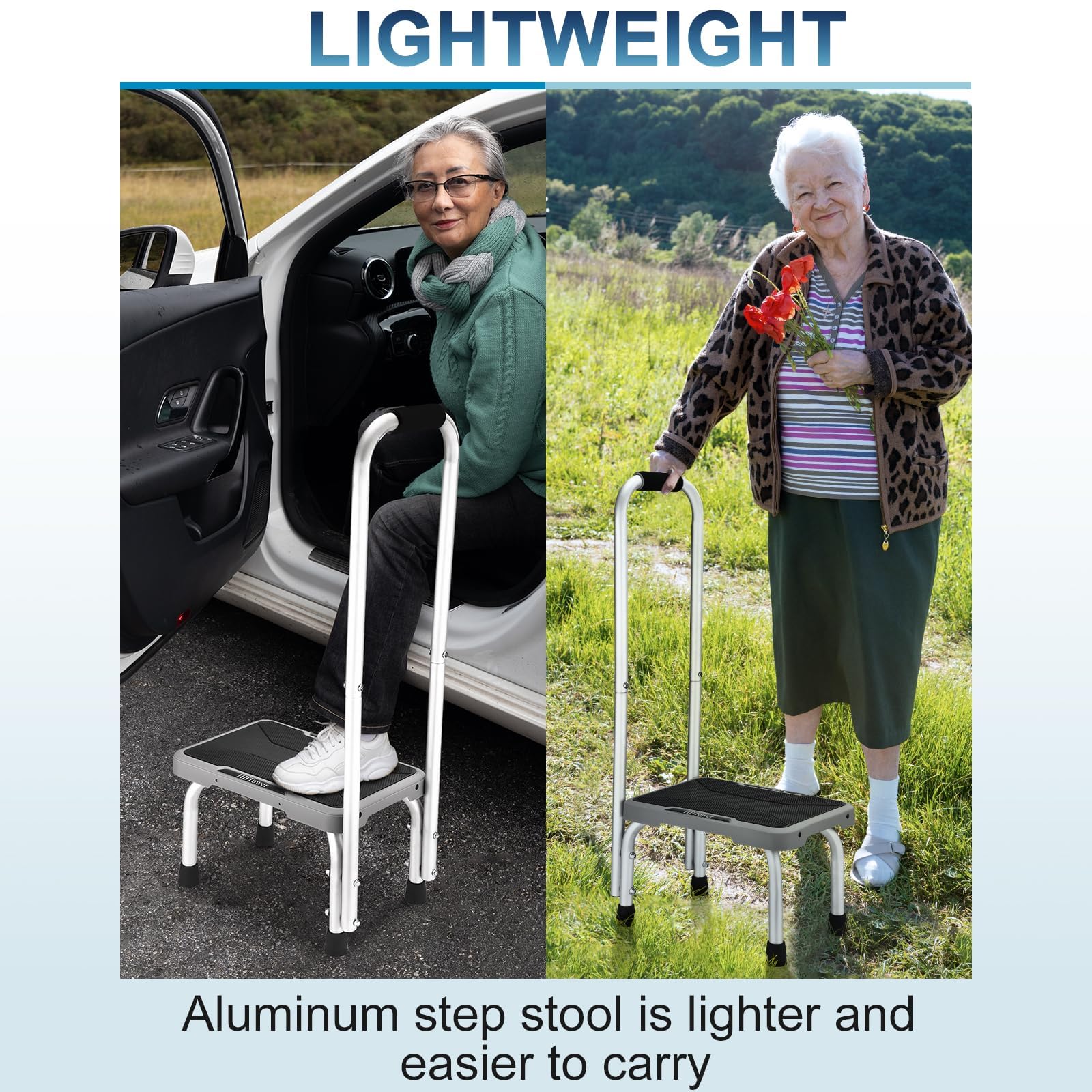 HBTower HBTower Lightweight Aluminum Step Stool with Handle for Seniors Non-Slip Feet Ideal for Bedroom Kitchen and Bathroom Use - View 5 of 7