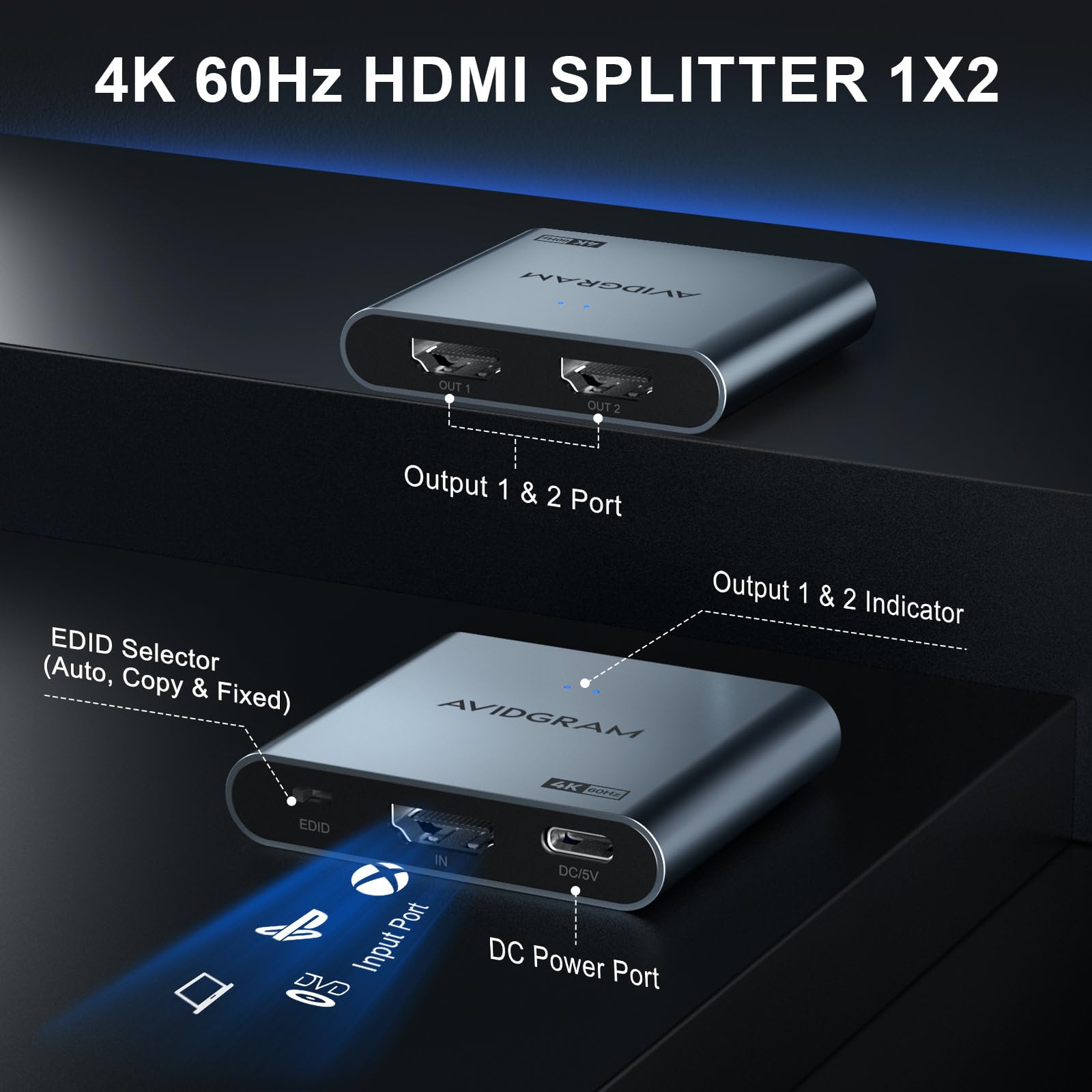 AVIDGRAM AVIDGRAM HDMI Splitter 1 in 2 Out 4K 60Hz Dual Display Support for PS4 Pro Xbox PS5 with Auto Copy and Downscaler Mode - View 5 of 7