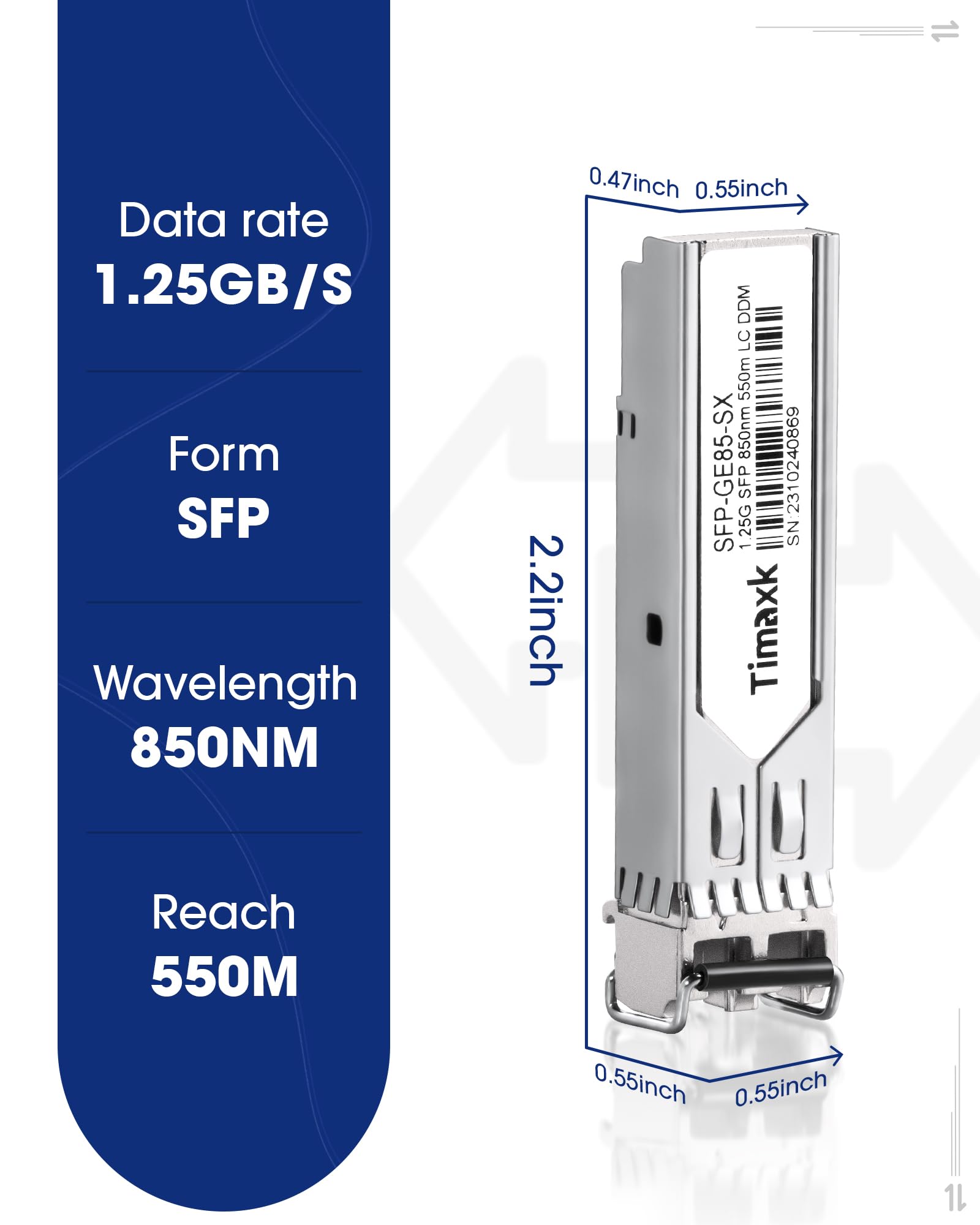 Timaxk Timaxk 1.25G SFP 1000Base-SX 850nm MMF Fiber Transceiver for Cisco Meraki Ubiquiti Mikrotik Intel Netgear D-Link Qnap Linksys and More - View 2 of 6