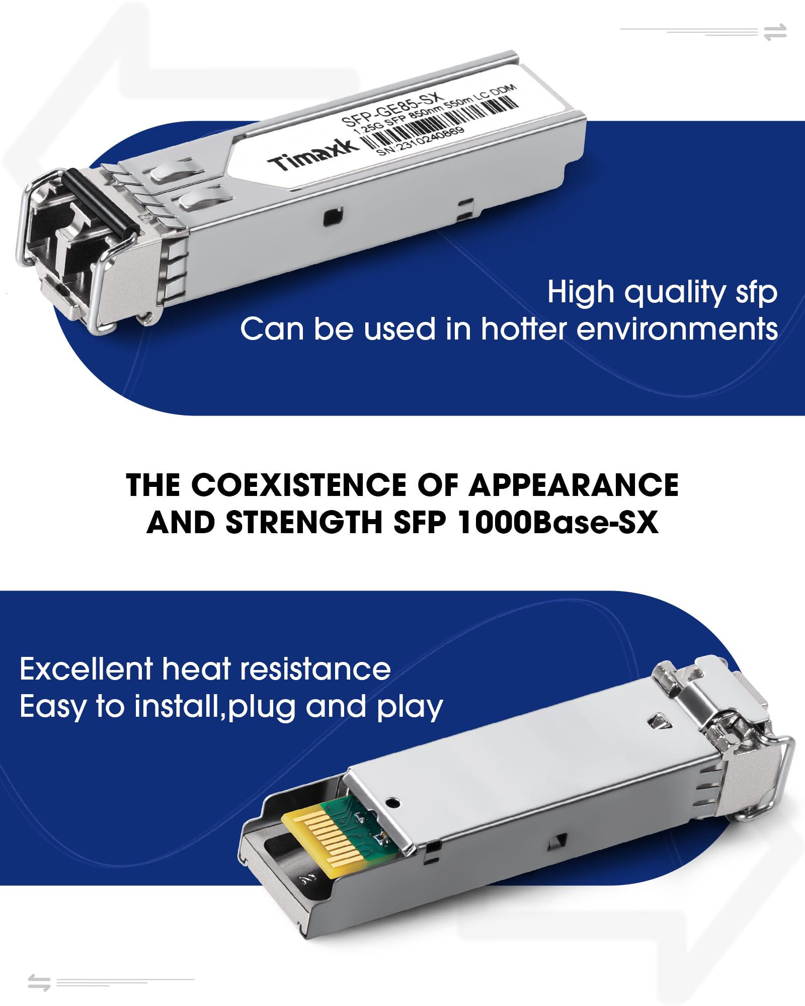 Timaxk Timaxk 1.25G SFP 1000Base-SX 850nm MMF Fiber Transceiver for Cisco Meraki Ubiquiti Mikrotik Intel Netgear D-Link Qnap Linksys and More - View 6 of 6