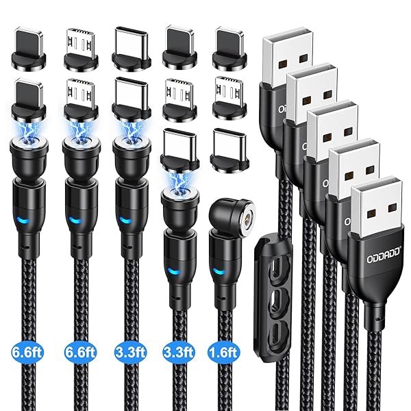ODDADD ODDADD Magnetic Charging Cable 5-Pack with 540 Degree Rotation and LED Light for Micro USB USB C and iProduct Devices