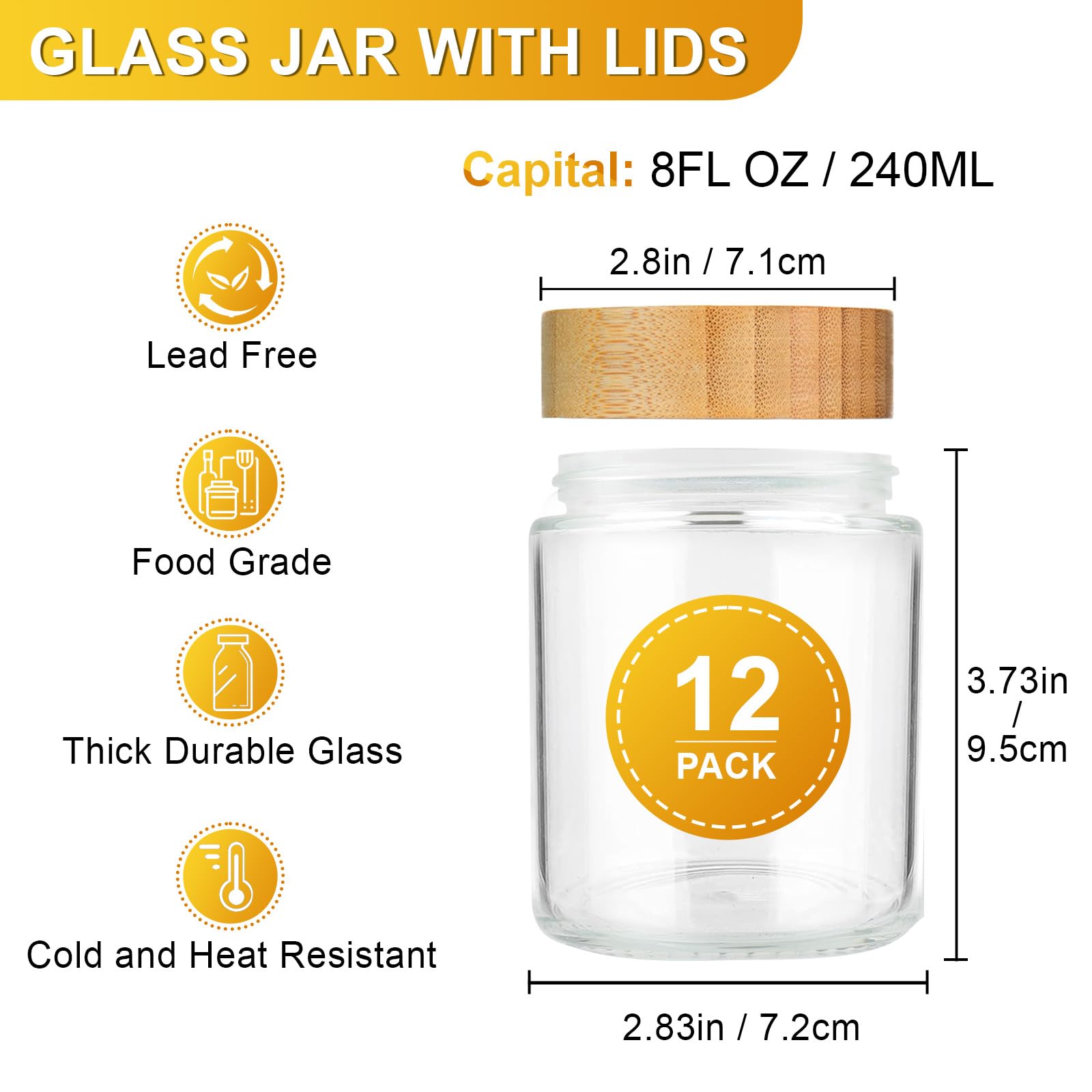 AISIPRIN AISIPRIN 12 Pcs 8oz Glass Jars with Airtight Bamboo Lids and Labels Perfect for Spices Candles and Storage - View 2 of 6