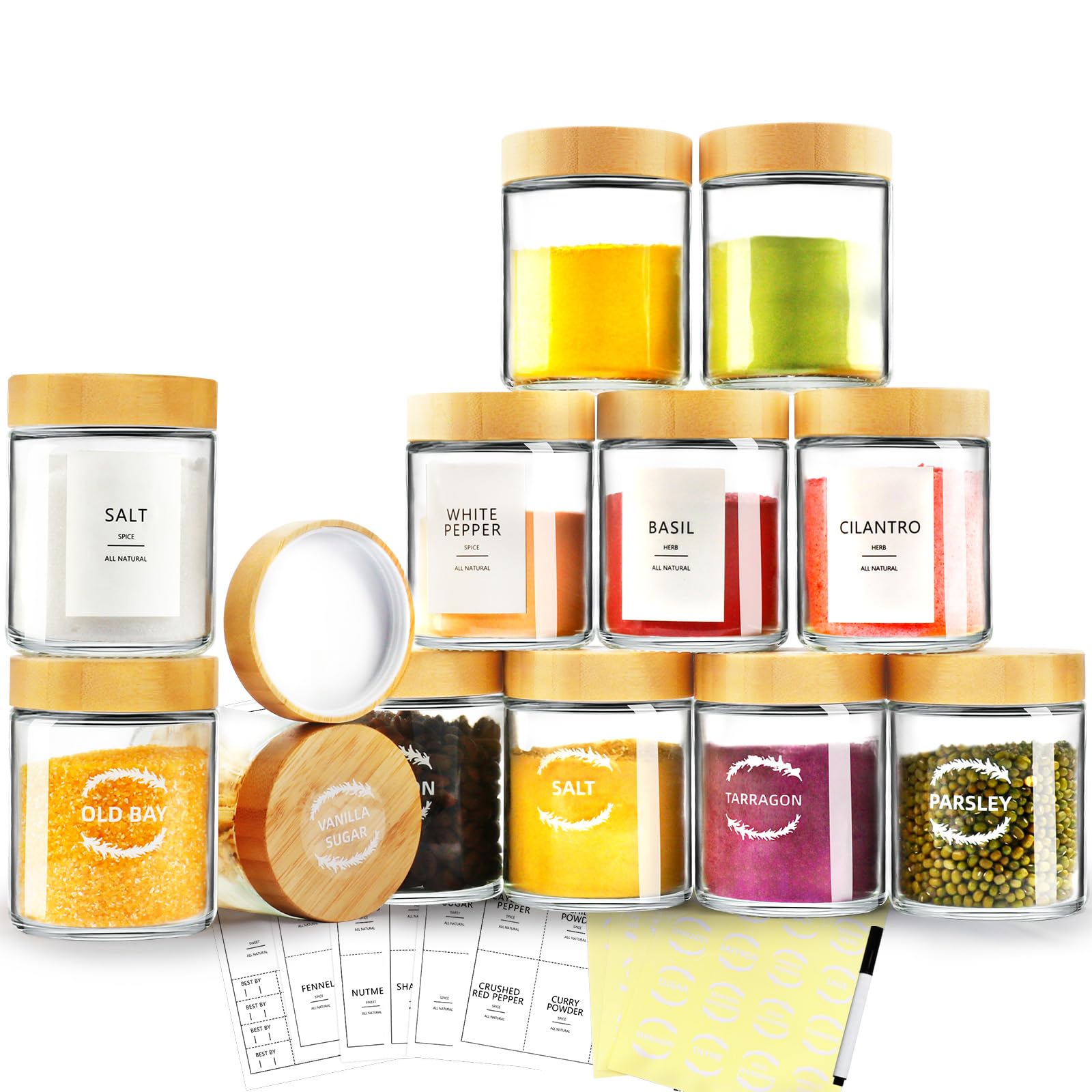 AISIPRIN AISIPRIN 12 Pcs 8oz Glass Jars with Airtight Bamboo Lids and Labels Perfect for Spices Candles and Storage