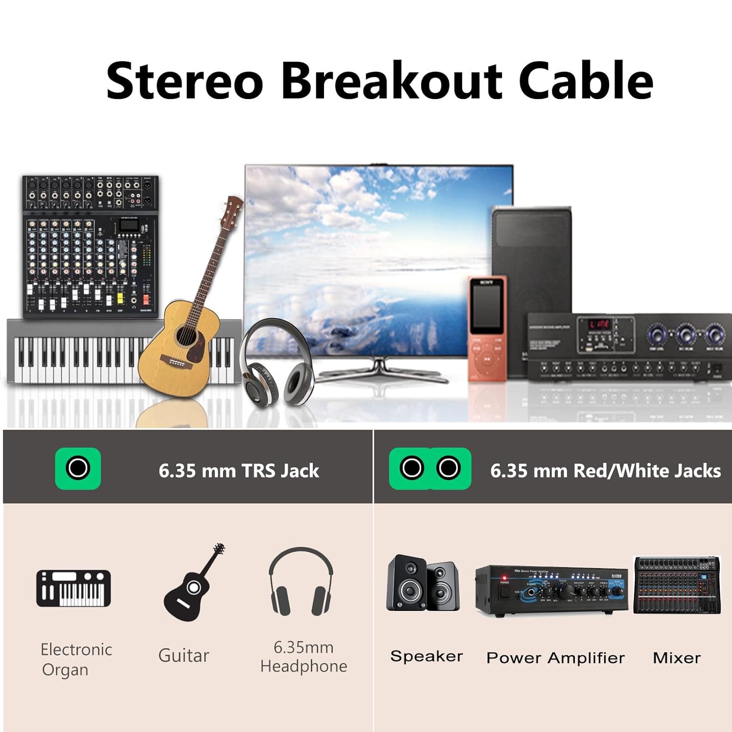 Devinal Devinal 1/4 TRS to Dual 1/4 TS Breakout Cable 1 ft Female Stereo to Dual 6.35mm TS Male Adapter Y Splitter Cable - View 4 of 6