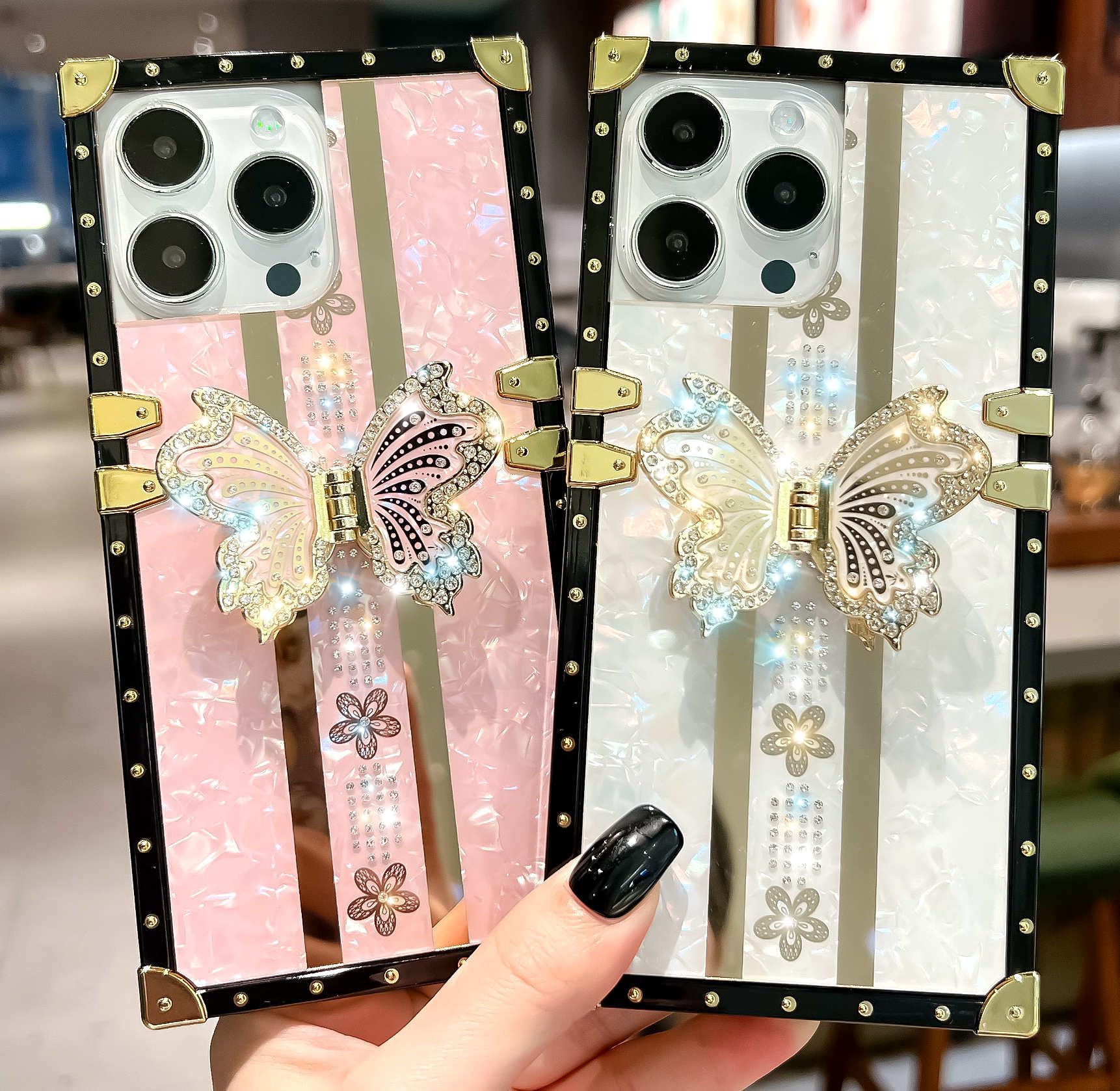 TETAW TETAW Cute Glitter Case for iPhone 15 Pro Max Luxury Butterfly Floral Slim Bumper with Kickstand for Women Girls Pink - View 2 of 6