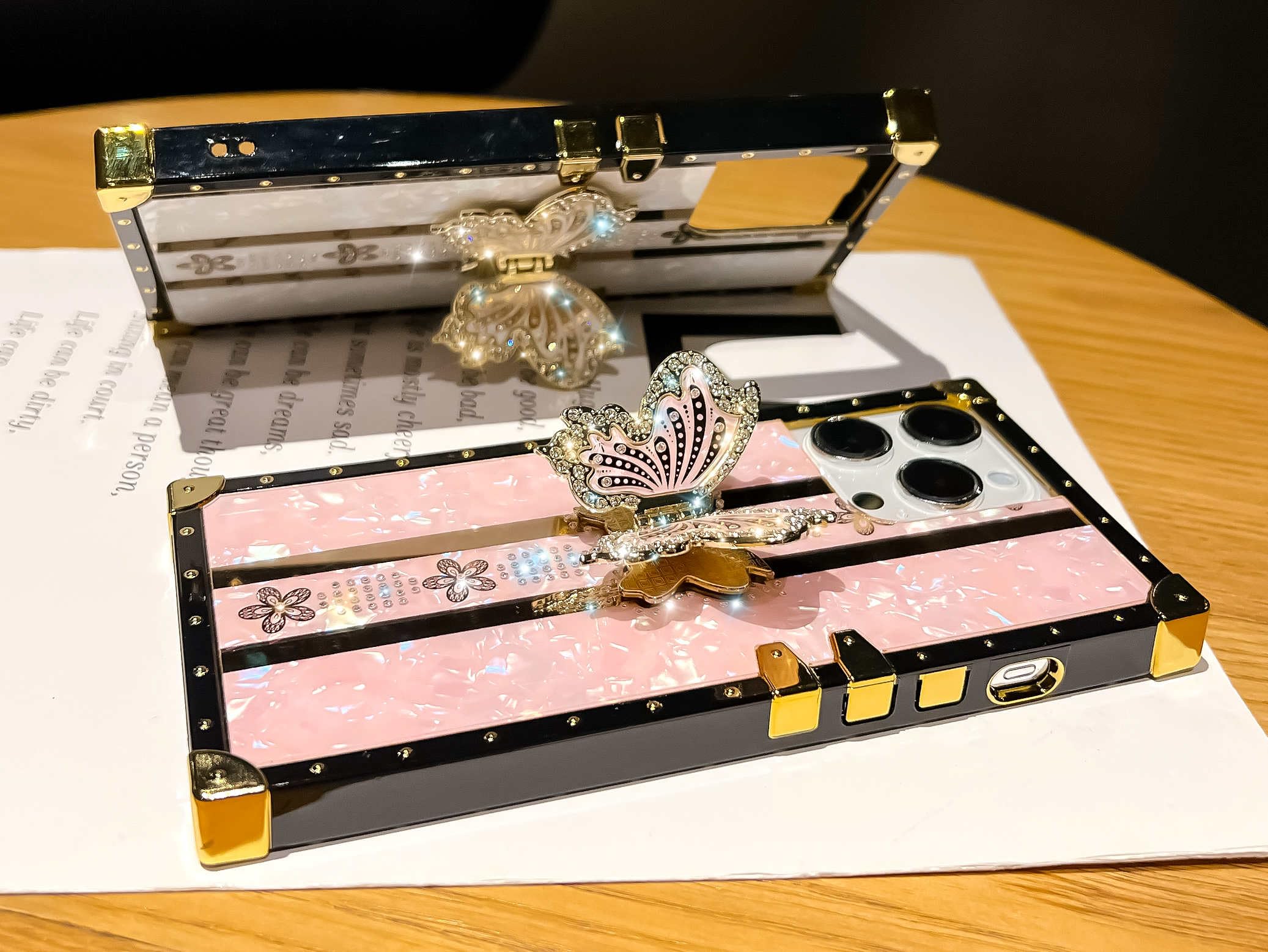 TETAW TETAW Cute Glitter Case for iPhone 15 Pro Max Luxury Butterfly Floral Slim Bumper with Kickstand for Women Girls Pink - View 3 of 6