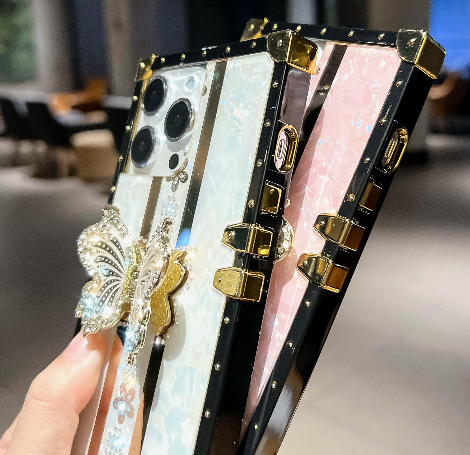 TETAW TETAW Cute Glitter Case for iPhone 15 Pro Max Luxury Butterfly Floral Slim Bumper with Kickstand for Women Girls Pink - View 4 of 6