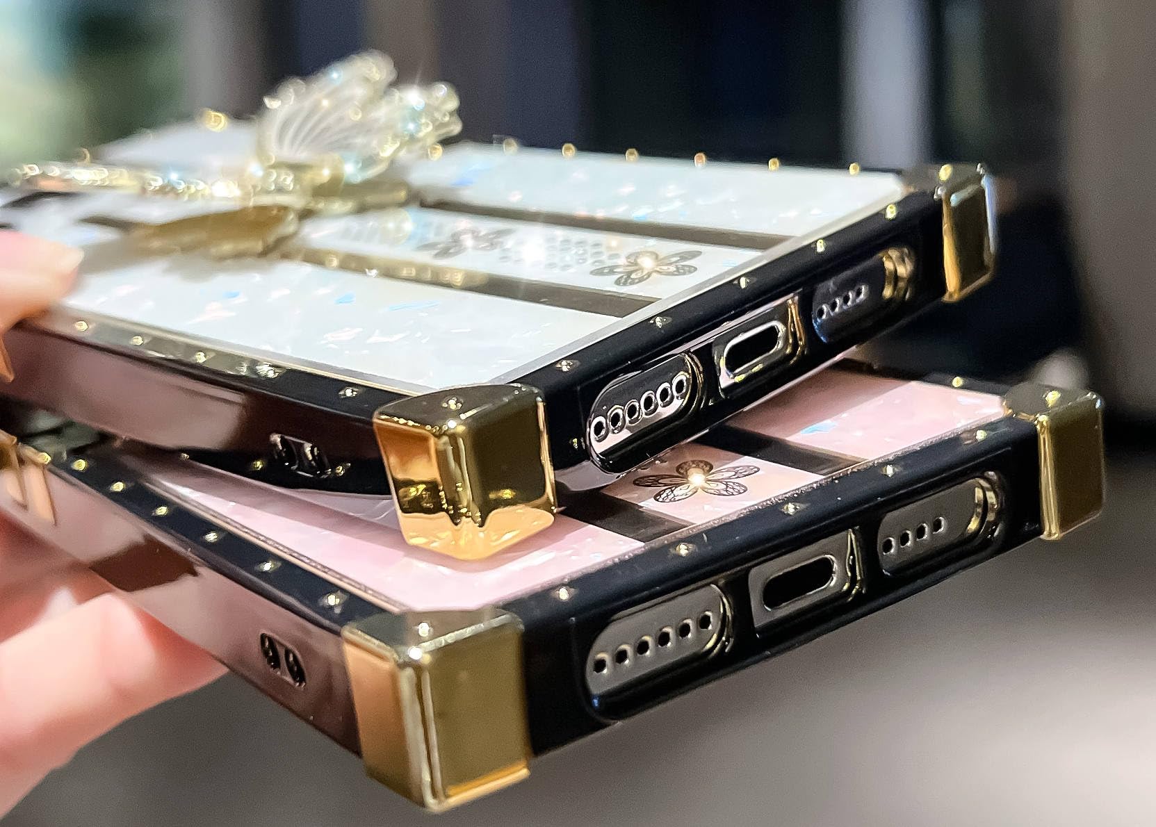 TETAW TETAW Cute Glitter Case for iPhone 15 Pro Max Luxury Butterfly Floral Slim Bumper with Kickstand for Women Girls Pink - View 5 of 6