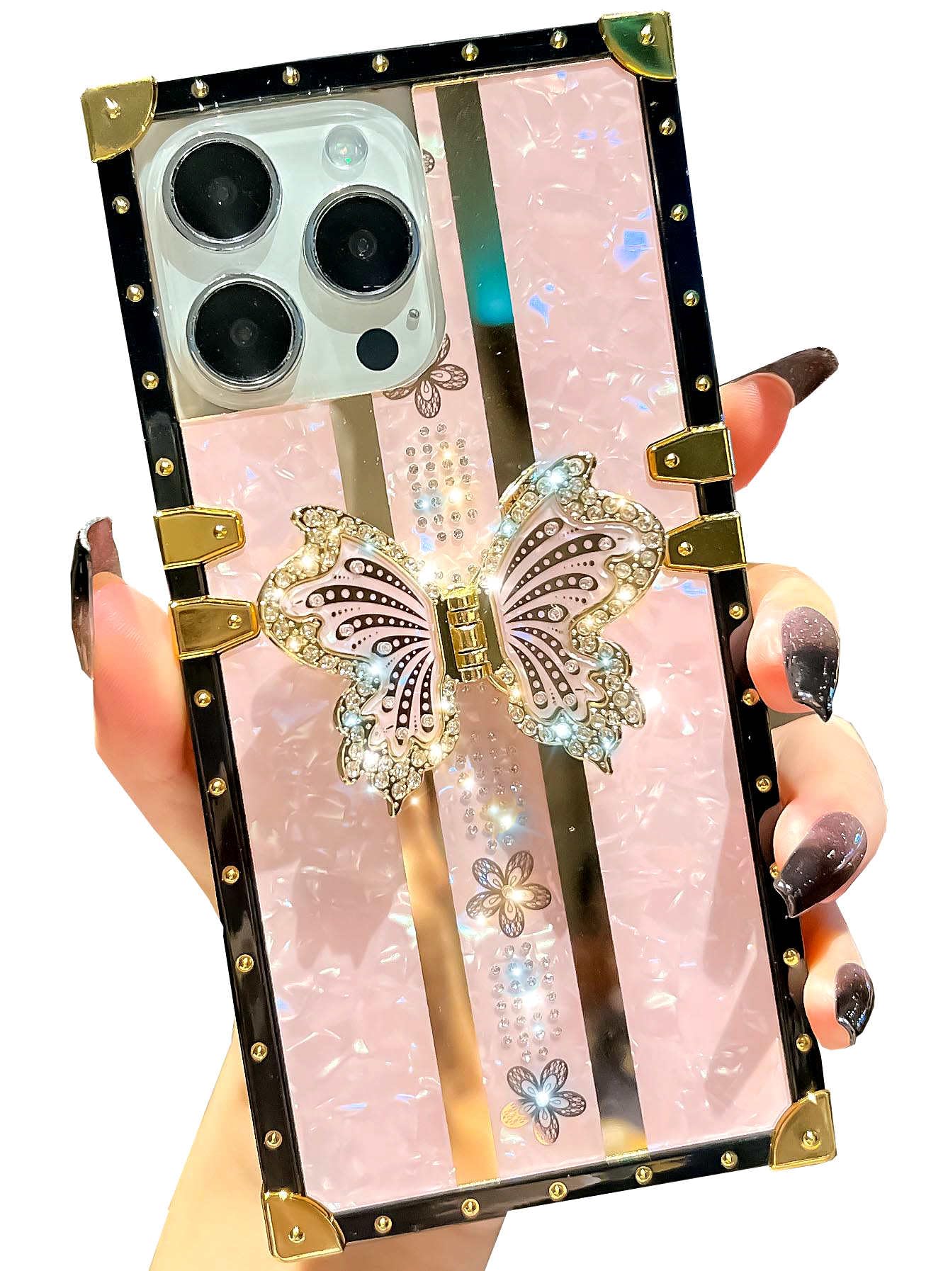 TETAW TETAW Cute Glitter Case for iPhone 15 Pro Max Luxury Butterfly Floral Slim Bumper with Kickstand for Women Girls Pink