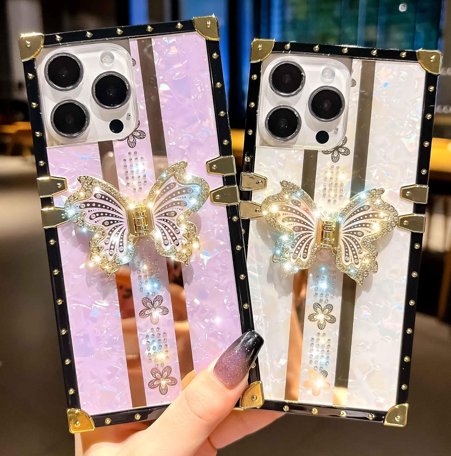 TETAW TETAW Cute Glitter Case for iPhone 15 Pro Max Luxury Butterfly Floral Slim Bumper with Kickstand for Women Girls Purple - View 2 of 9