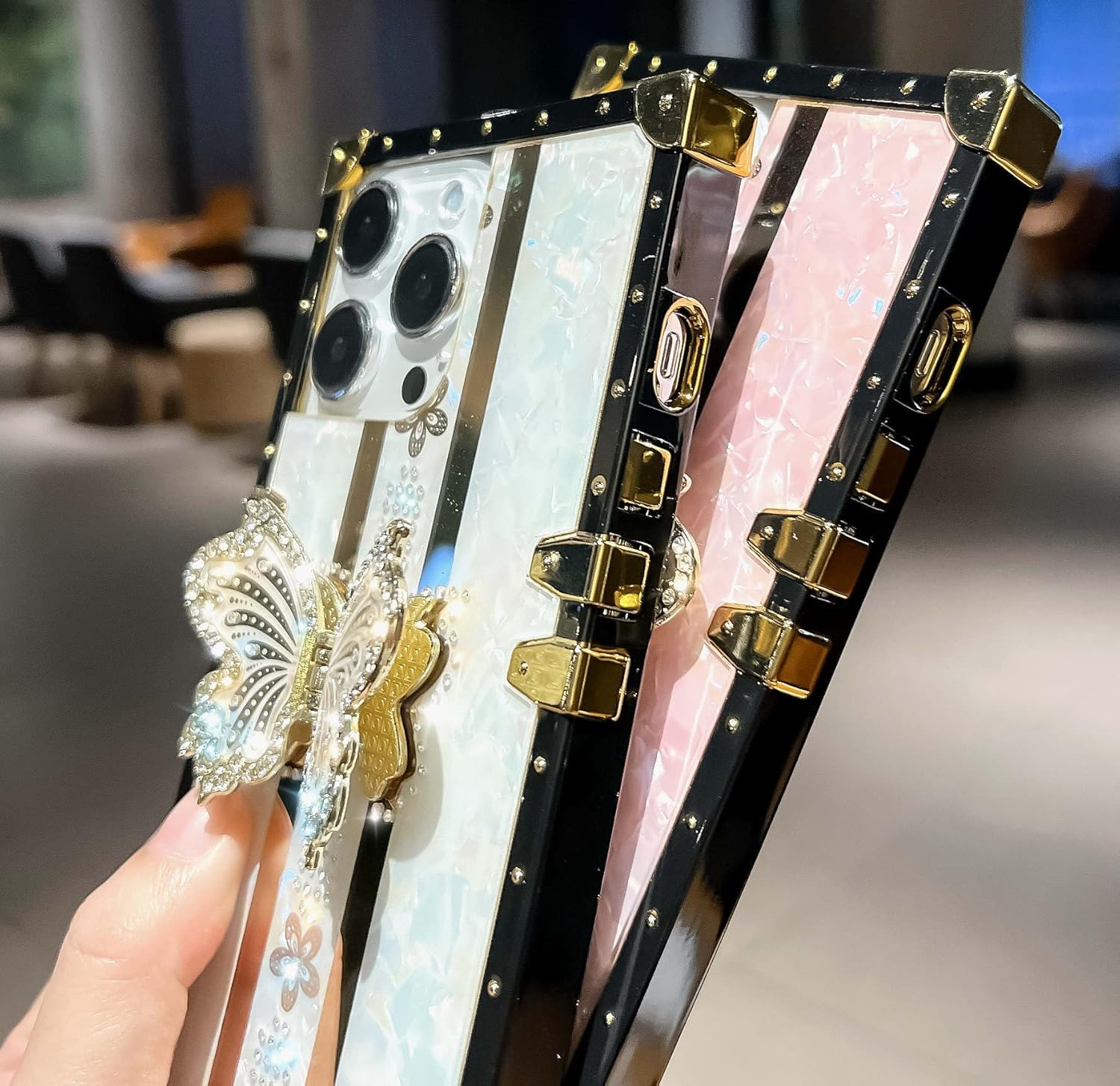 TETAW TETAW Cute Glitter Case for iPhone 15 Pro Max Luxury Butterfly Floral Slim Bumper with Kickstand for Women Girls Purple - View 3 of 9