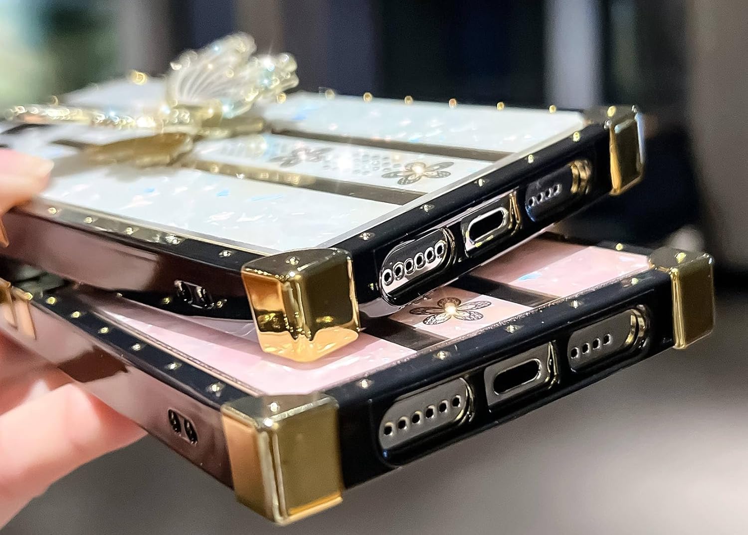 TETAW TETAW Cute Glitter Case for iPhone 15 Pro Max Luxury Butterfly Floral Slim Bumper with Kickstand for Women Girls Purple - View 4 of 9