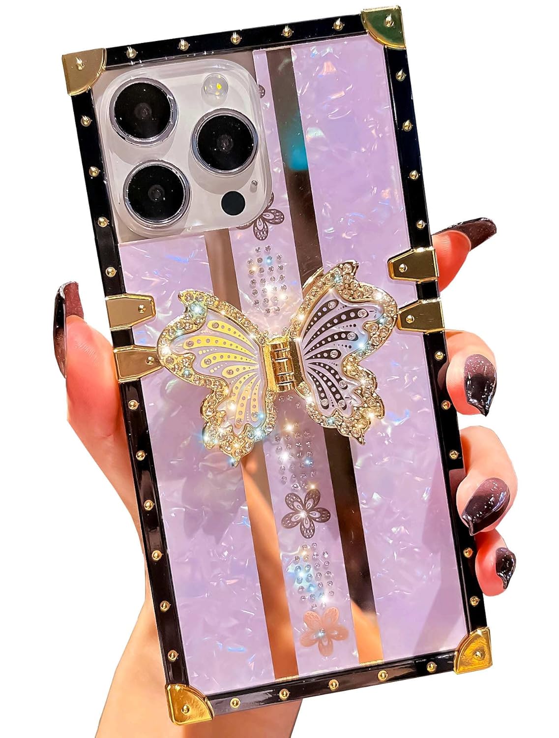 TETAW TETAW Cute Glitter Case for iPhone 15 Pro Max Luxury Butterfly Floral Slim Bumper with Kickstand for Women Girls Purple