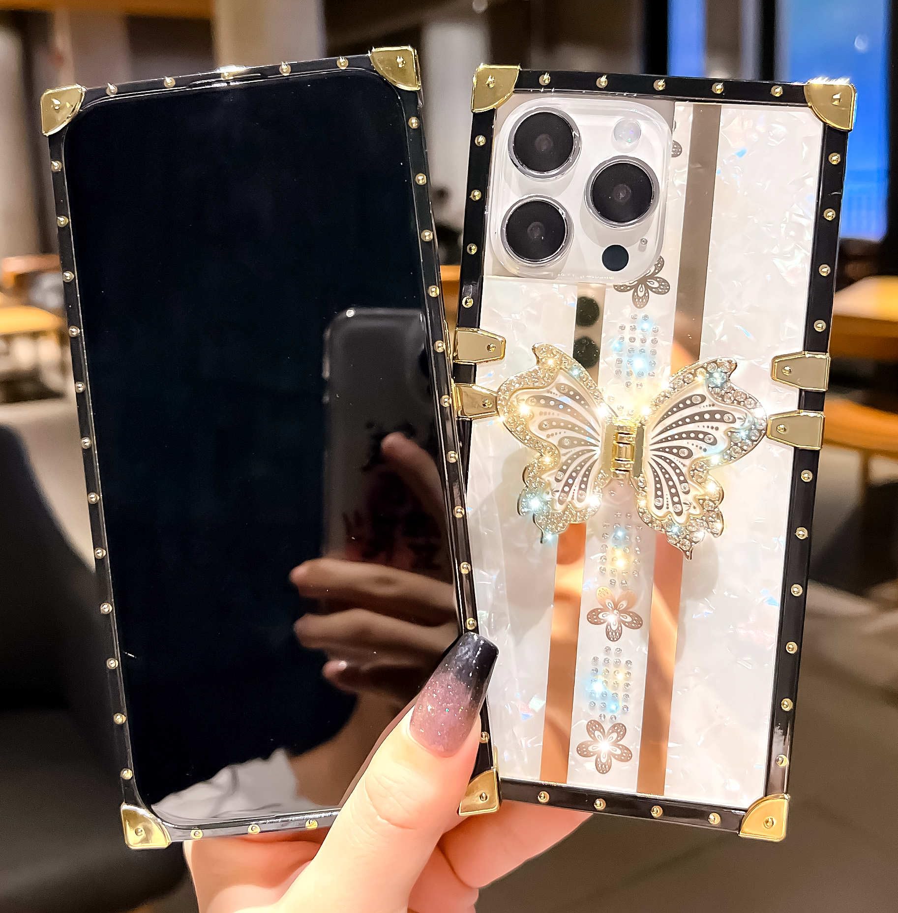 TETAW TETAW Cute Glitter Case for iPhone 15 Pro Max Luxury Butterfly Floral Bling Kickstand Flexible Bumper Protective Cover for Women Girls White - View 2 of 6