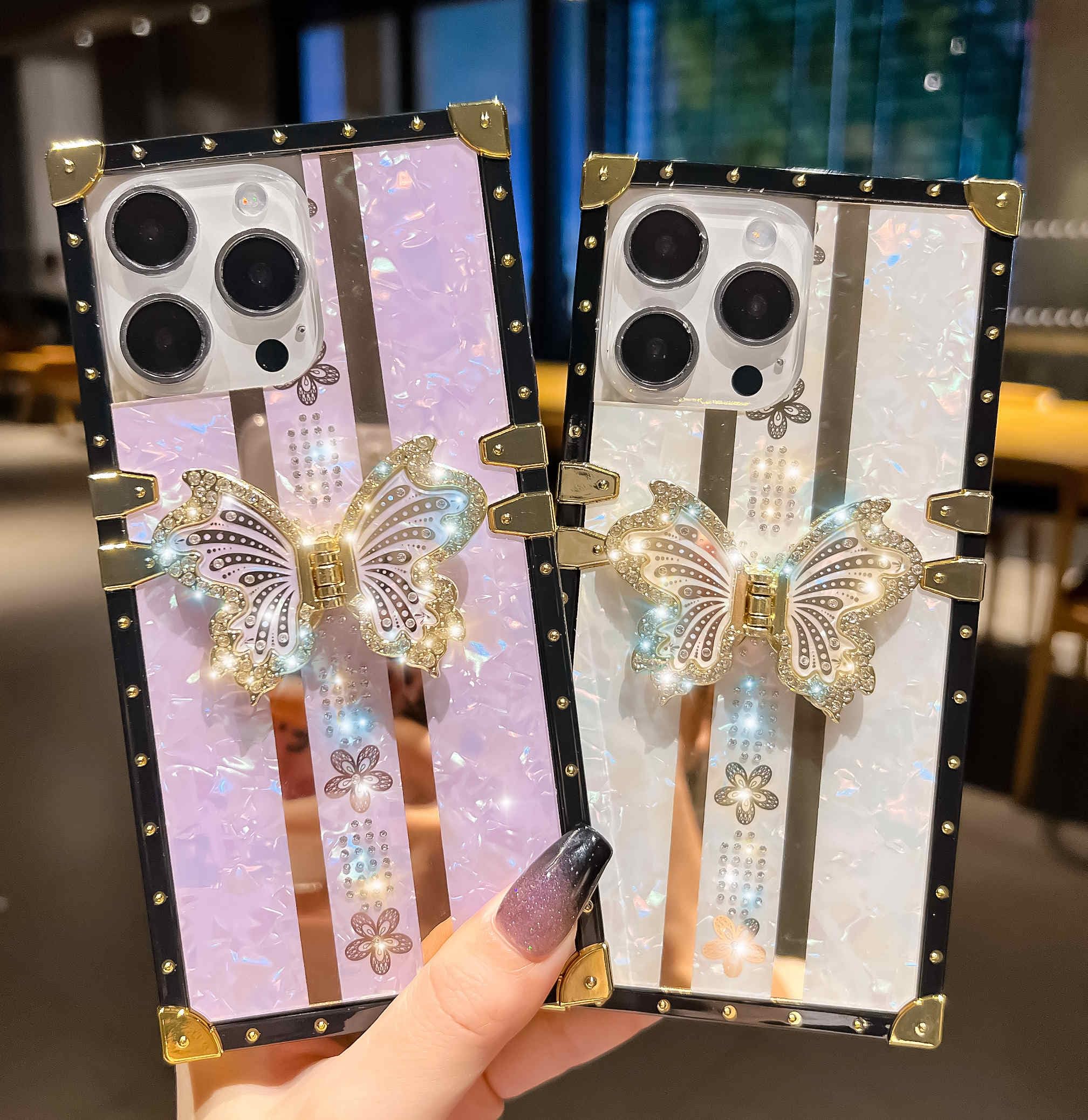 TETAW TETAW Cute Glitter Case for iPhone 15 Pro Max Luxury Butterfly Floral Bling Kickstand Flexible Bumper Protective Cover for Women Girls White - View 3 of 6