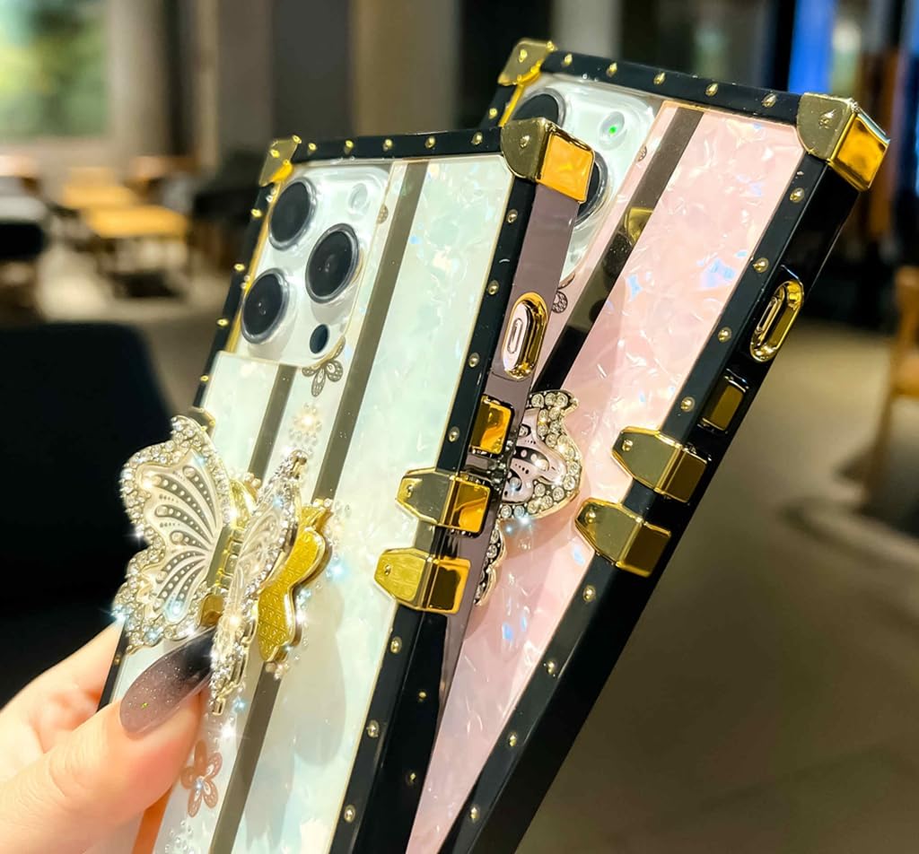 TETAW TETAW Cute Glitter Case for iPhone 15 Pro Max Luxury Butterfly Floral Bling Kickstand Flexible Bumper Protective Cover for Women Girls White - View 4 of 6