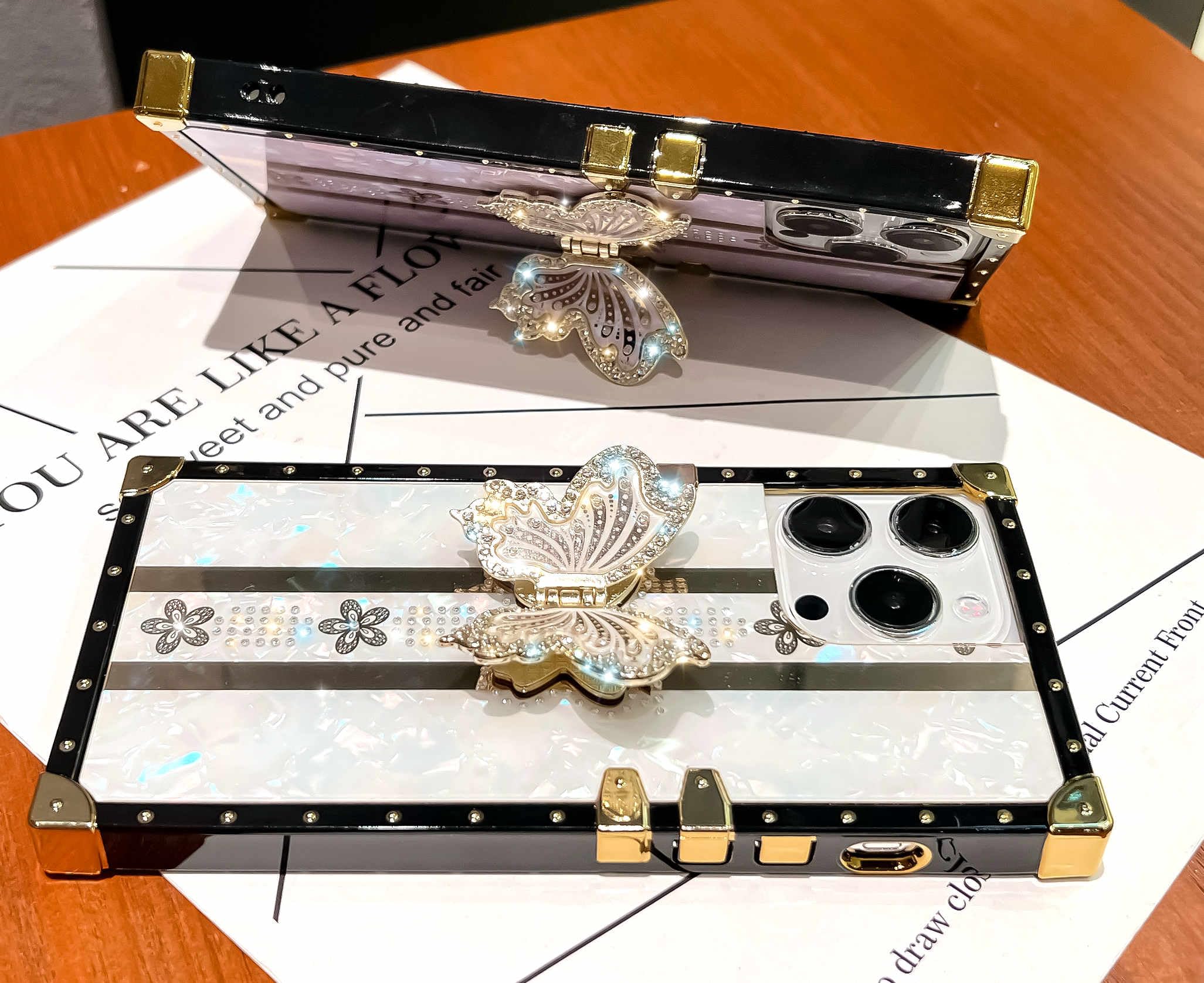 TETAW TETAW Cute Glitter Case for iPhone 15 Pro Max Luxury Butterfly Floral Bling Kickstand Flexible Bumper Protective Cover for Women Girls White - View 5 of 6