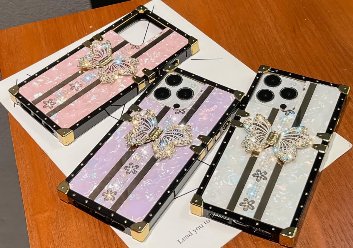 TETAW TETAW Cute Glitter Case for iPhone 15 Pro Max Luxury Butterfly Floral Bling Kickstand Flexible Bumper Protective Cover for Women Girls White - View 6 of 6