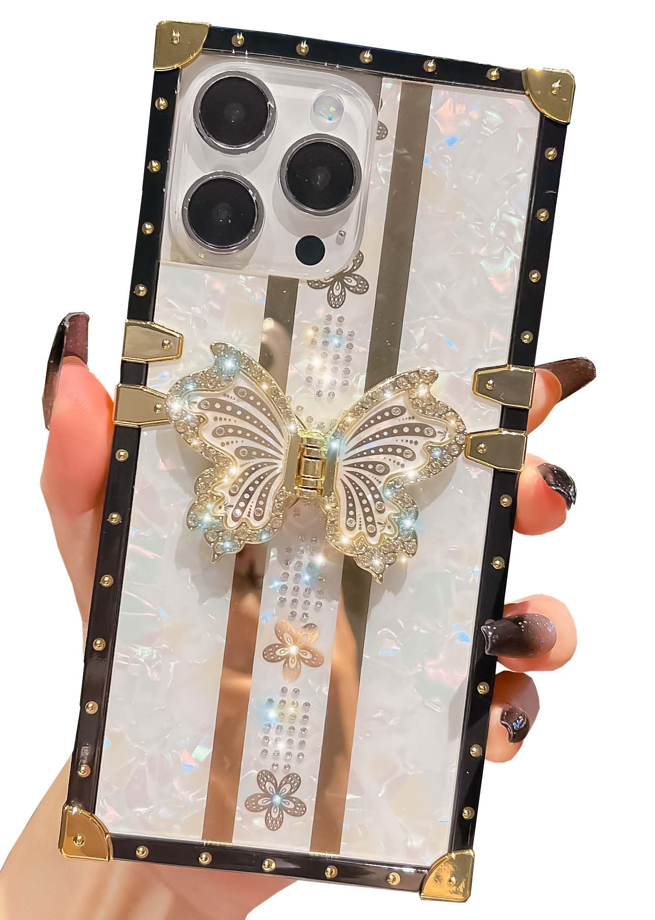 TETAW TETAW Cute Glitter Case for iPhone 15 Pro Max Luxury Butterfly Floral Bling Kickstand Flexible Bumper Protective Cover for Women Girls White
