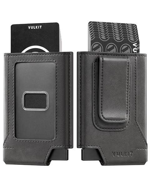 VULKIT VULKIT Mens Slim Leather Wallet RFID Blocking Card Holder with Money Clip Grey Minimalist Design