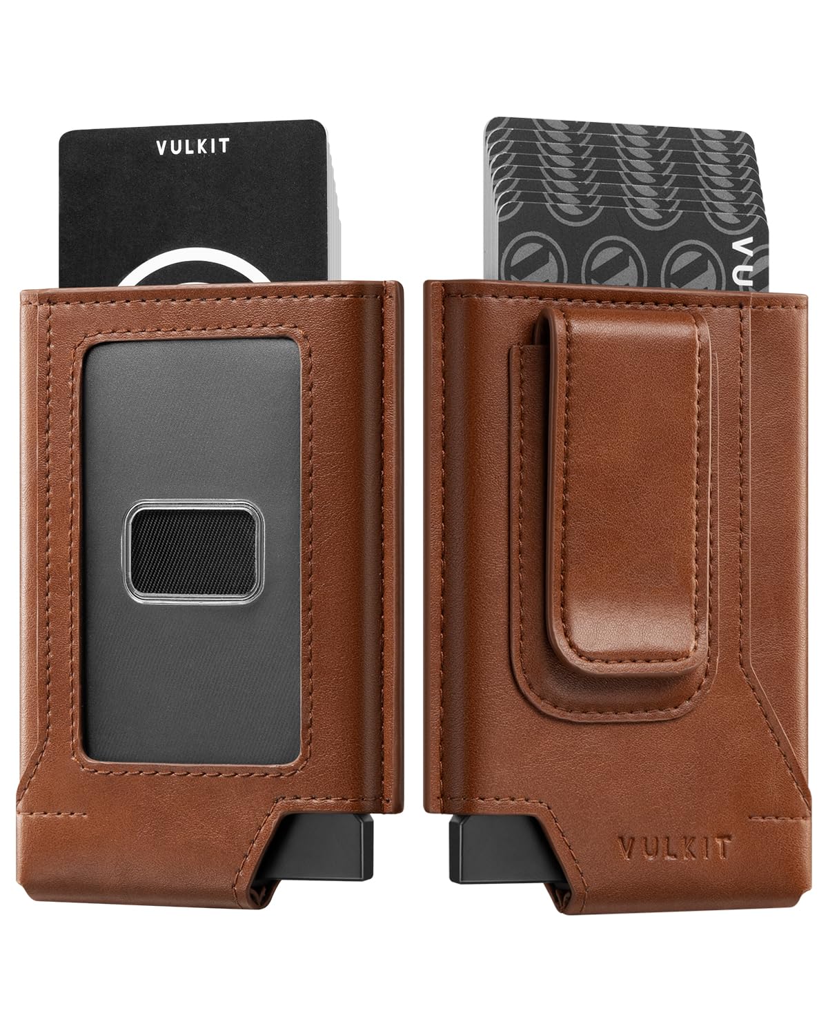VULKIT Mens Slim Leather Wallet RFID Blocking Card Holder with Money Clip Brown Minimalist Design