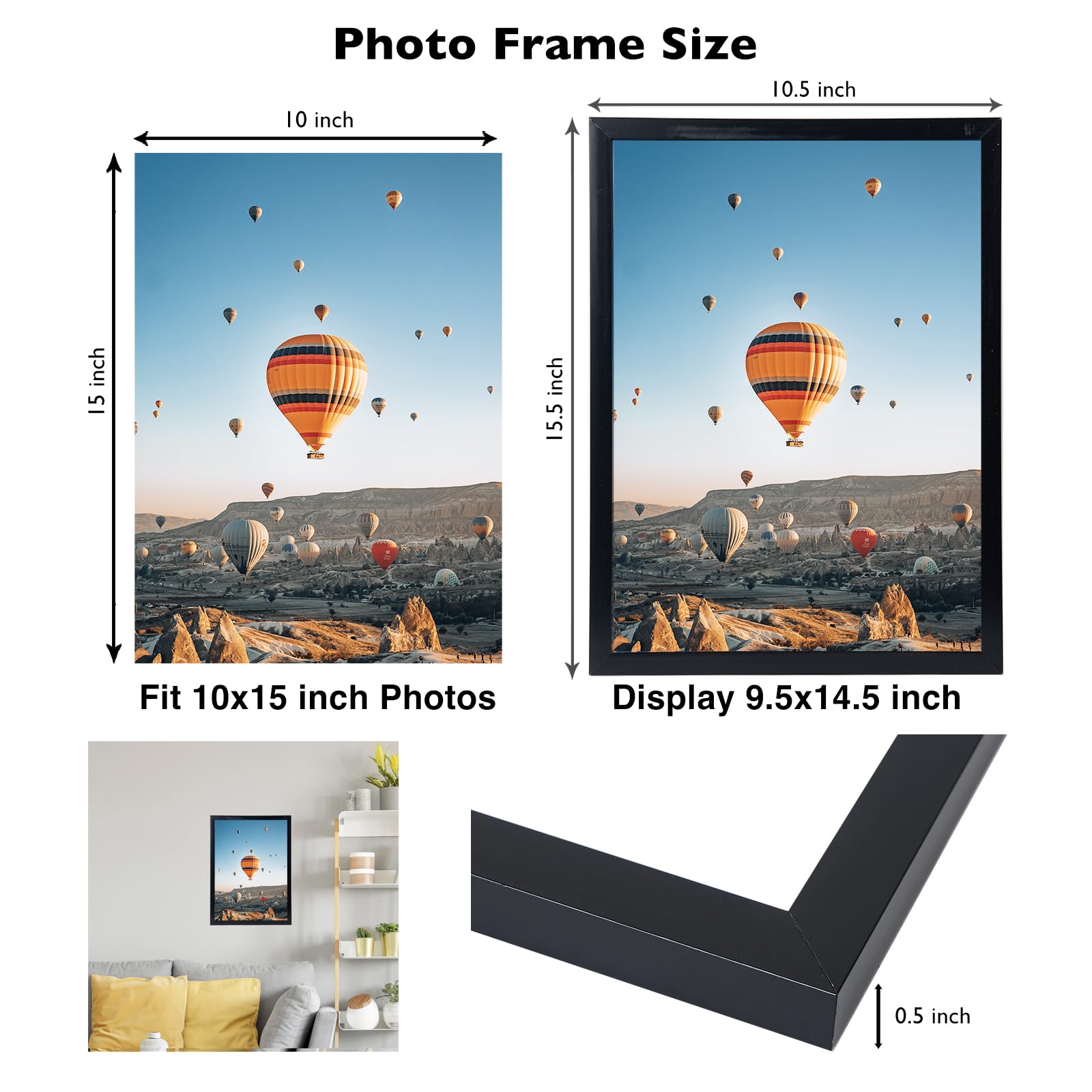 JCJMY JCJMY 10x15 Black Picture Frame for Wall Hanging Horizontally or Vertically Shatter Resistant Plexiglass Ideal for Gallery Display - View 3 of 7