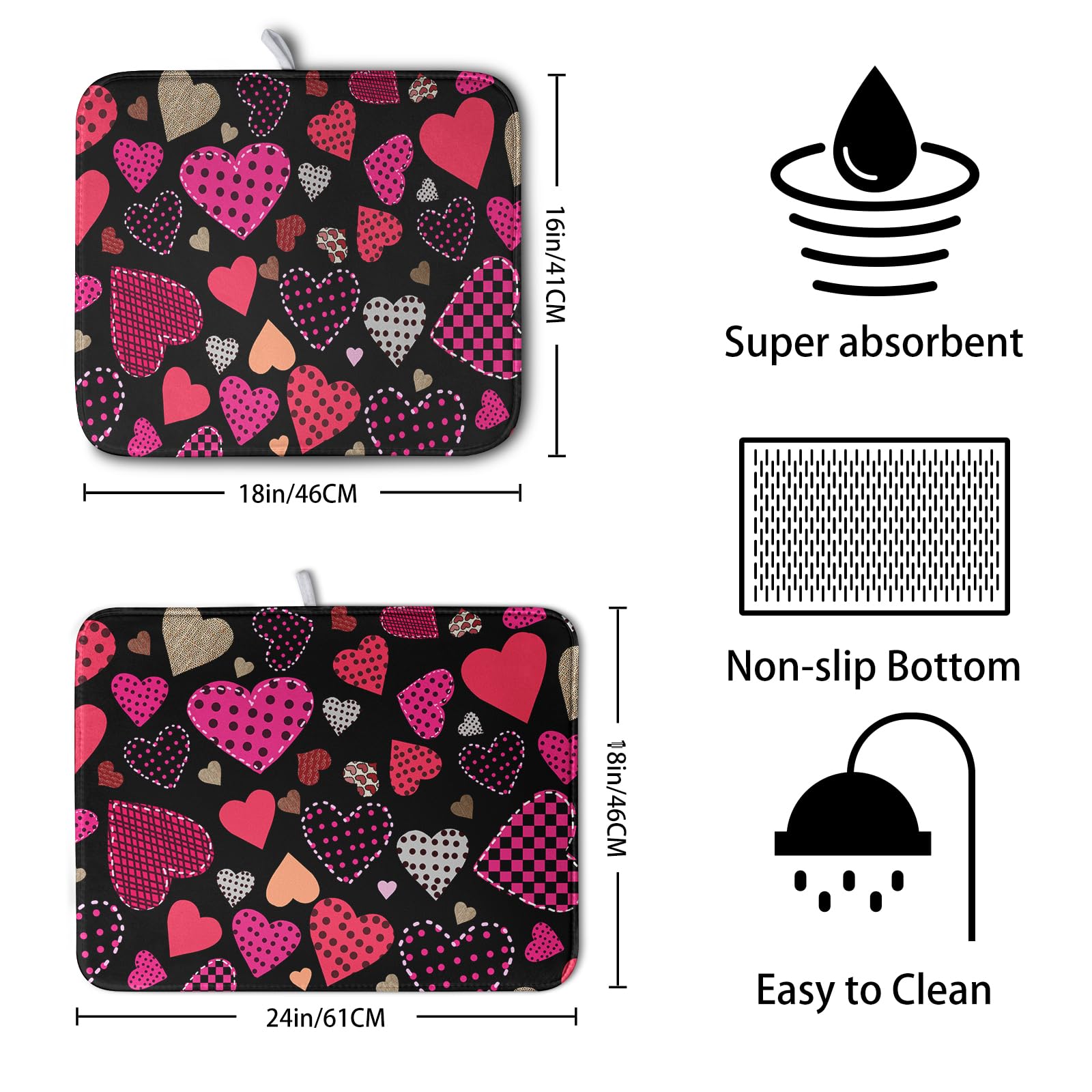 Kwlegh Happy Valentine's Day Kitchen Drying Mats 18x24 Inch Love Heart Design Super Absorbent Dish Drainer Mat for Dishes and Sinks - View 2 of 7