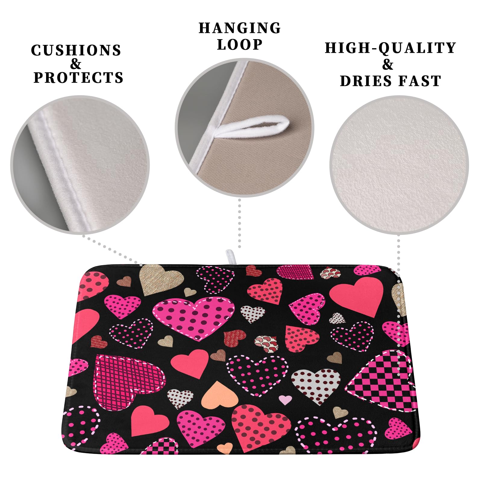 Kwlegh Happy Valentine's Day Kitchen Drying Mats 18x24 Inch Love Heart Design Super Absorbent Dish Drainer Mat for Dishes and Sinks - View 3 of 7