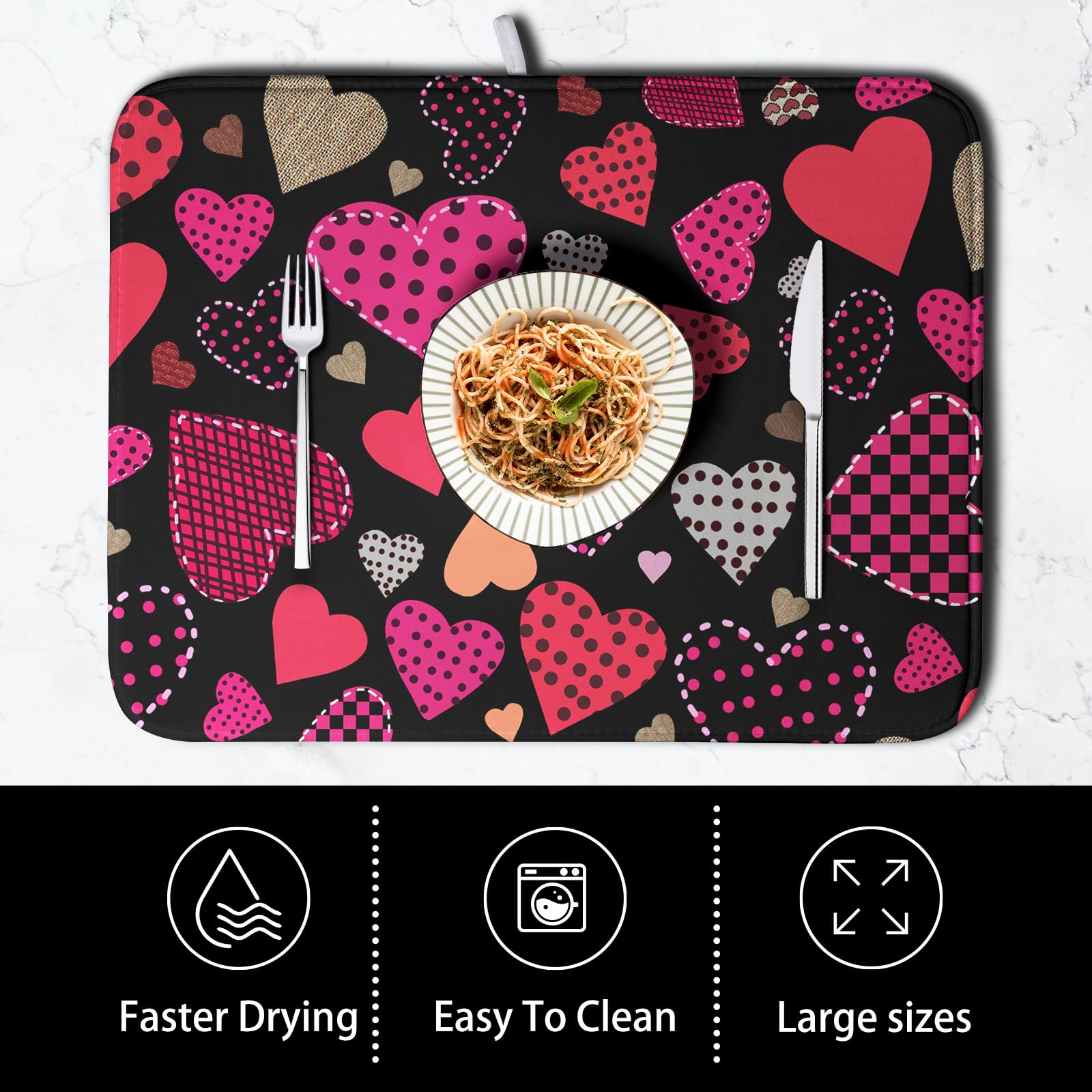 Kwlegh Happy Valentine's Day Kitchen Drying Mats 18x24 Inch Love Heart Design Super Absorbent Dish Drainer Mat for Dishes and Sinks - View 4 of 7