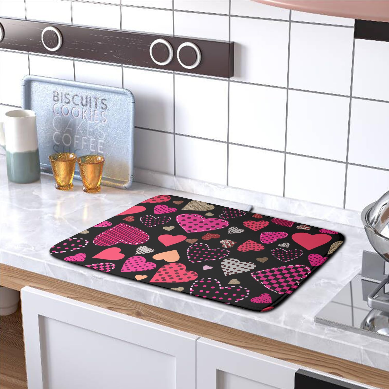 Kwlegh Happy Valentine's Day Kitchen Drying Mats 18x24 Inch Love Heart Design Super Absorbent Dish Drainer Mat for Dishes and Sinks - View 5 of 7