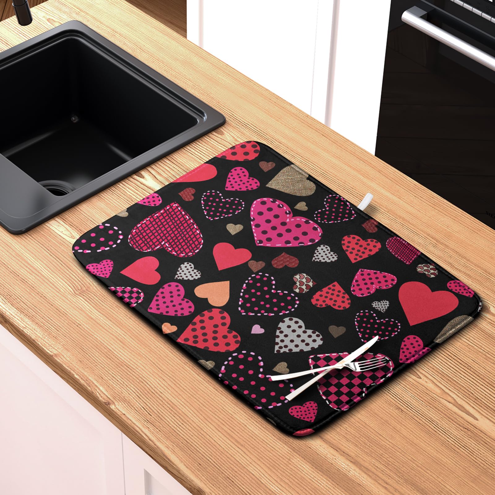 Kwlegh Happy Valentine's Day Kitchen Drying Mats 18x24 Inch Love Heart Design Super Absorbent Dish Drainer Mat for Dishes and Sinks - View 6 of 7