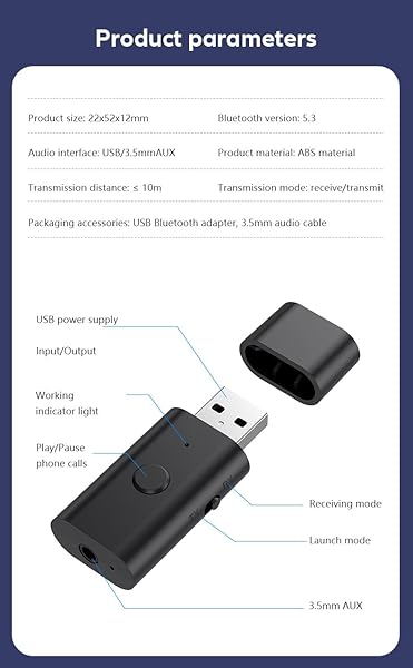 Gentechvvybuy Bluetooth 5.3 Transmitter Receiver Wireless USB Adapter for TV PC Home Car Stereo Low Latency Music Streaming Handsfree Calls - View 11 of 11