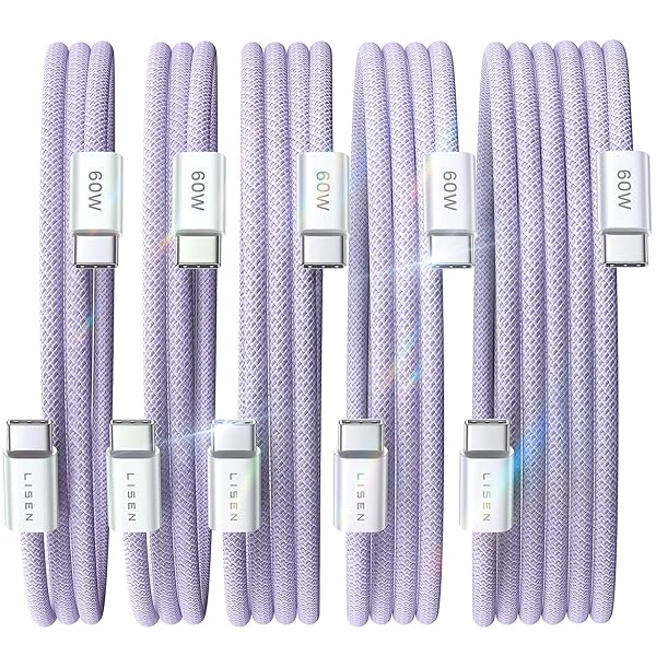 LISEN USB C Cable 5-Pack Fast Charging for iPhone 15 Pro Max Samsung S23 MacBook Air Pro 2020 60W Type C Charger 10FT 6FT 3FT
