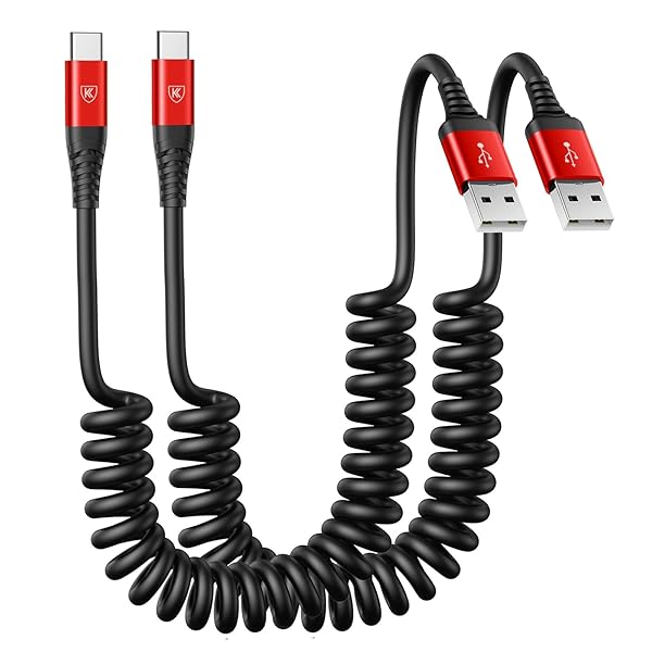 KIYODA Fast Charging USB to USB C Cable 3ft 2Pack Coiled Charger for Car Android Auto Compatible with iPhone 16 15 Plus Pro Max Samsung Galaxy Red
