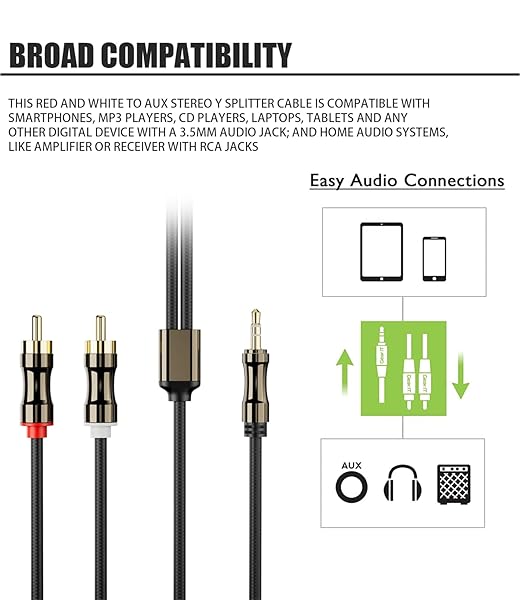 FAWETTY FAWETTY 3.5mm to 2RCA Cable Nylon Braided Audio Y Cord Gold-Plated Plugs for Smartphones MP3 Tablets HDTV Speaker 6.6ft Black - View 5 of 9