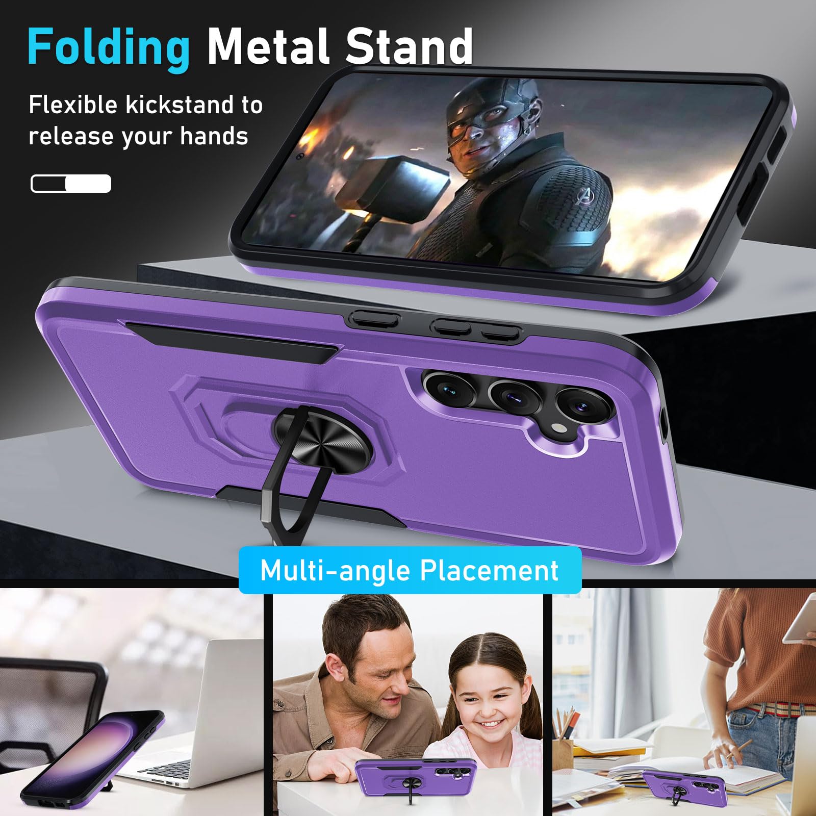 Janmitta Janmitta Heavy Duty Shockproof Case with Screen Protector for Samsung Galaxy S24 S25 Full Body Cover with Metal Ring Holder Kickstand Lavender 2025 - View 3 of 8