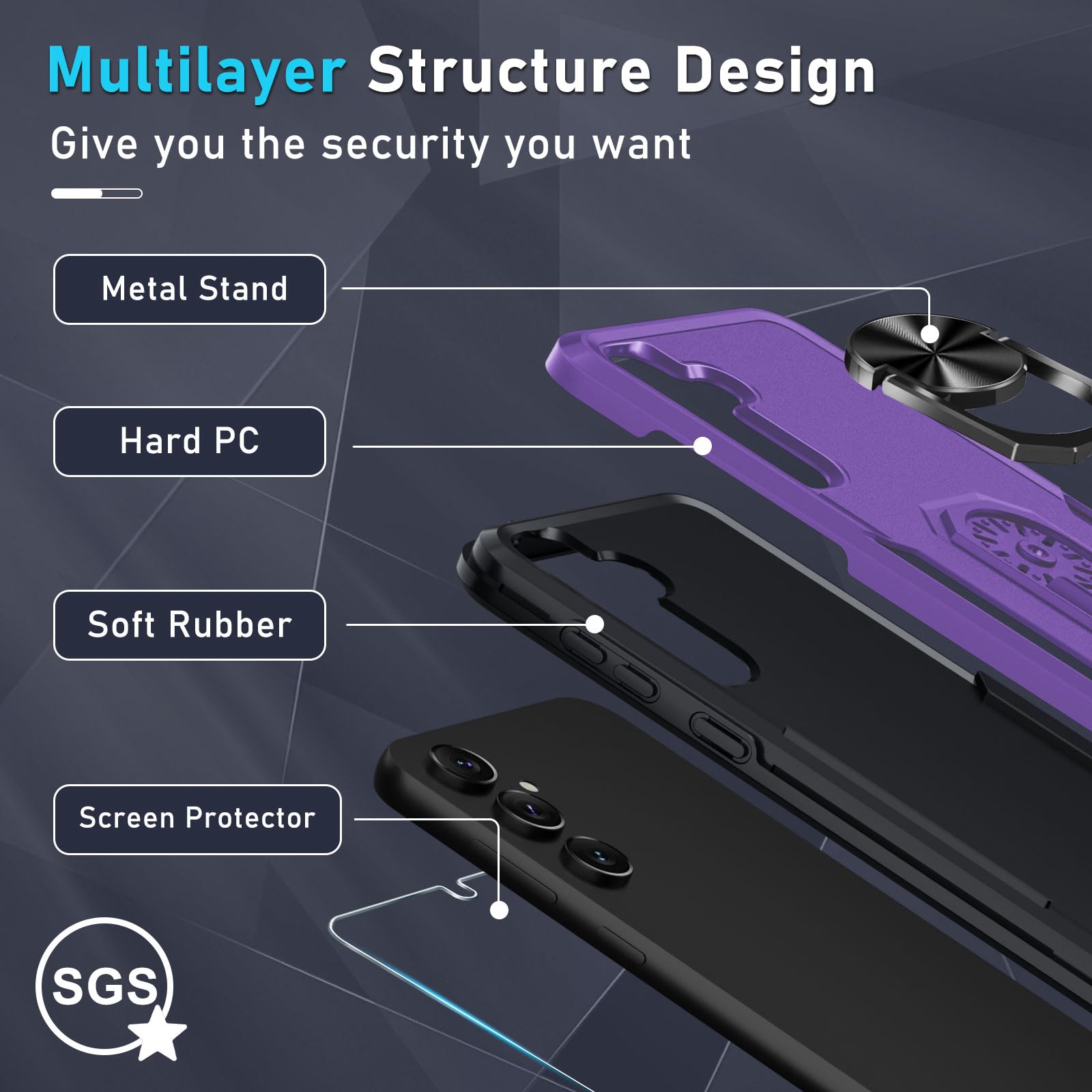 Janmitta Janmitta Heavy Duty Shockproof Case with Screen Protector for Samsung Galaxy S24 S25 Full Body Cover with Metal Ring Holder Kickstand Lavender 2025 - View 4 of 8