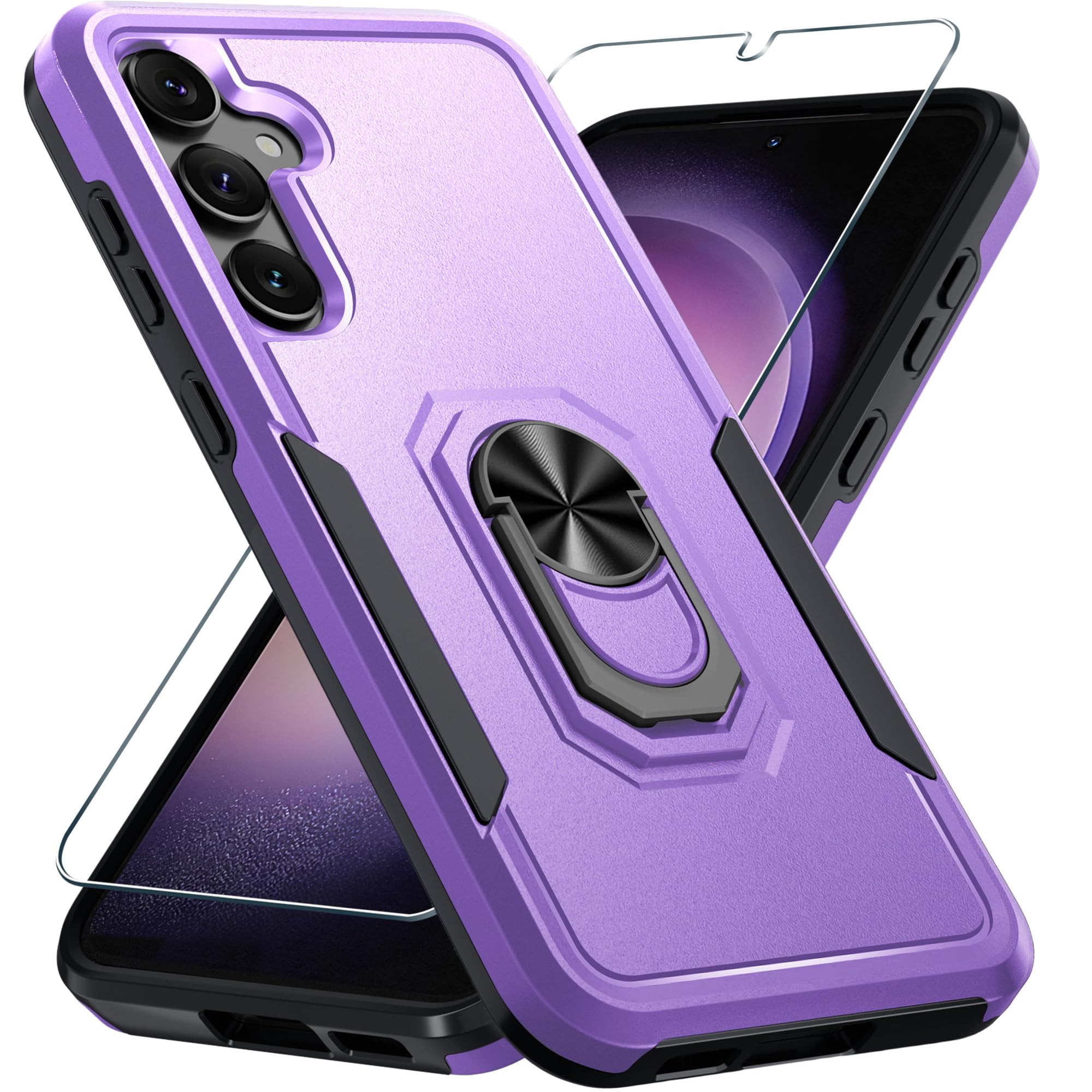 Janmitta Janmitta Heavy Duty Shockproof Case with Screen Protector for Samsung Galaxy S24 S25 Full Body Cover with Metal Ring Holder Kickstand Lavender 2025