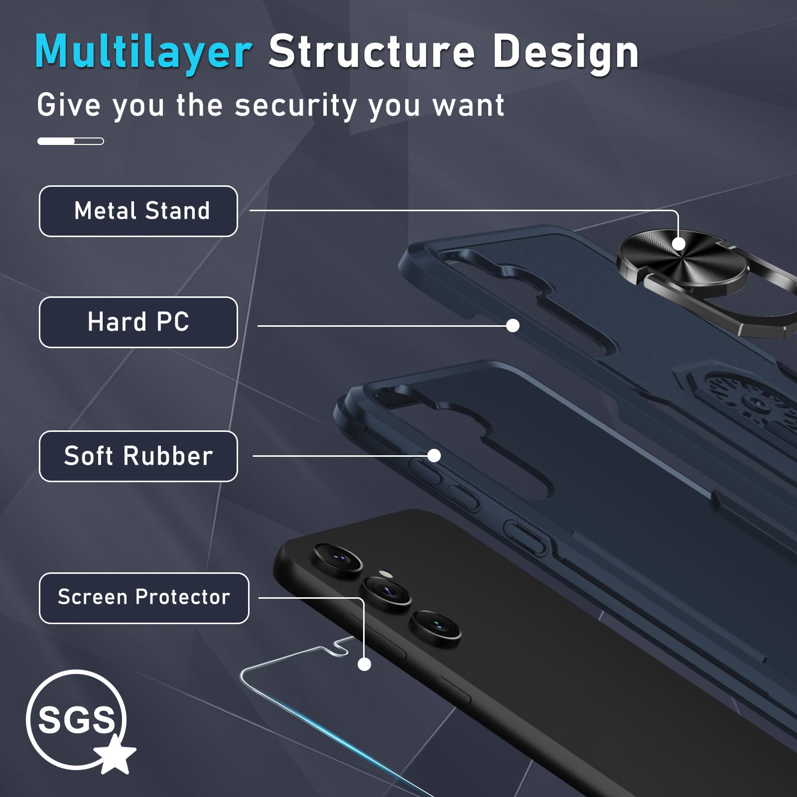 Janmitta Janmitta Heavy Duty Shockproof Case with Screen Protector for Samsung Galaxy S24 S25 Full Body Cover with Metal Ring Holder Navy Blue 2025 - View 4 of 8