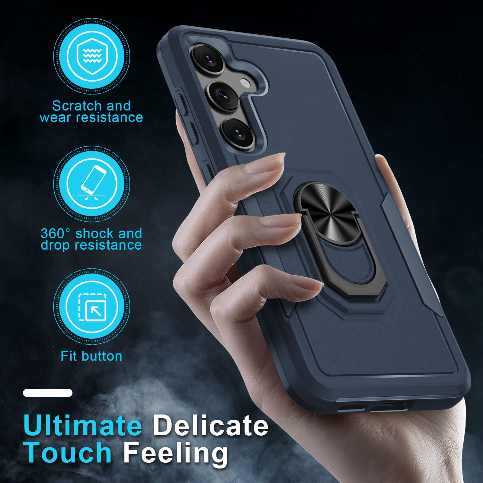 Janmitta Janmitta Heavy Duty Shockproof Case with Screen Protector for Samsung Galaxy S24 S25 Full Body Cover with Metal Ring Holder Navy Blue 2025 - View 7 of 8