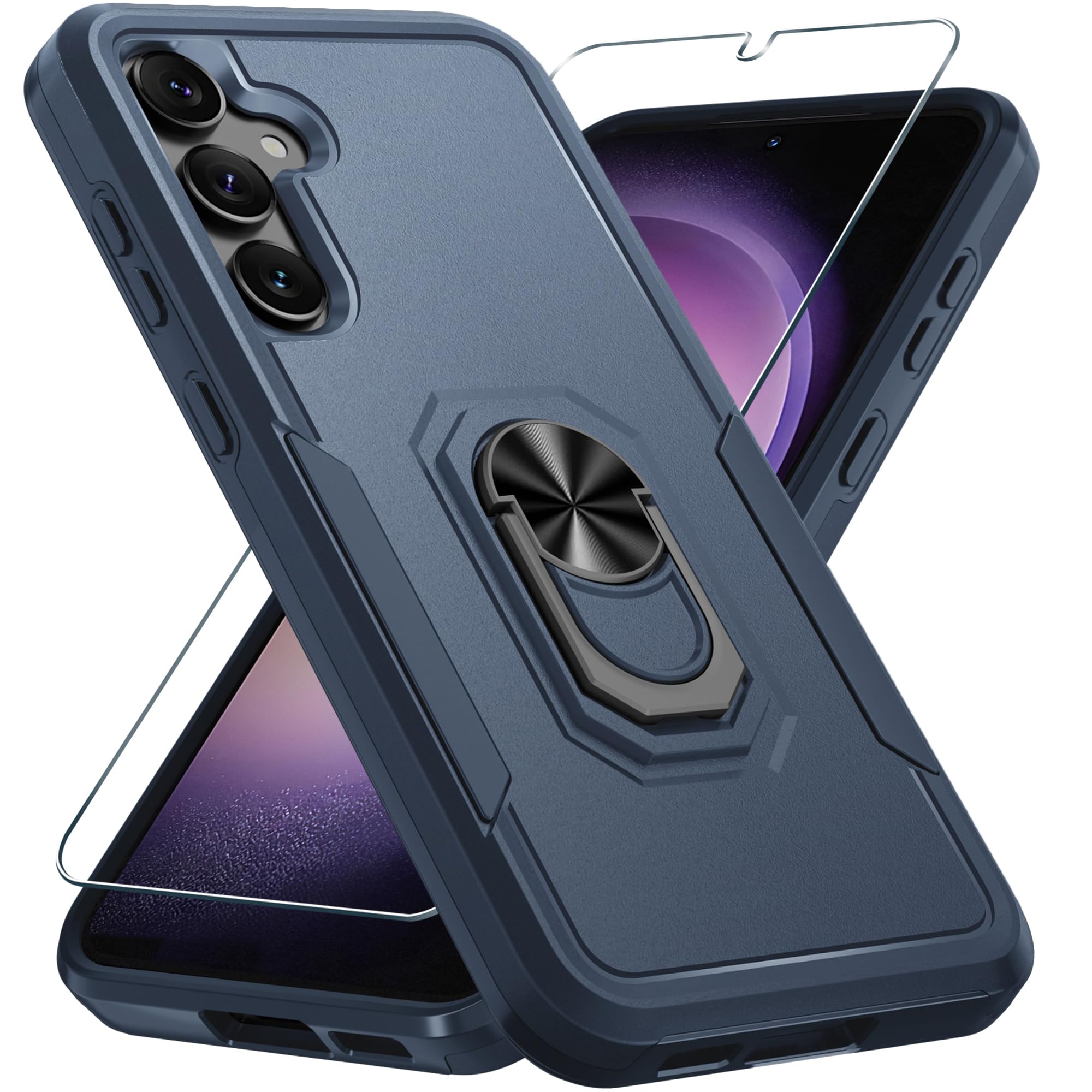 Janmitta Janmitta Heavy Duty Shockproof Case with Screen Protector for Samsung Galaxy S24 S25 Full Body Cover with Metal Ring Holder Navy Blue 2025