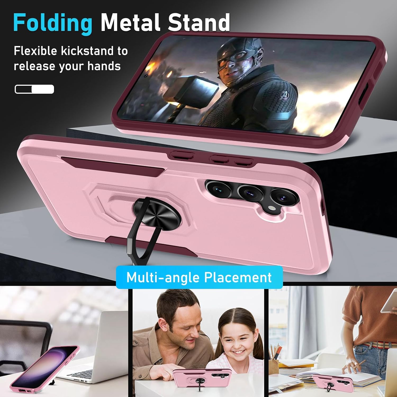 Janmitta Janmitta Heavy Duty Shockproof Case for Samsung Galaxy S24 S25 with Screen Protector and Kickstand Cute Pink 2025 - View 3 of 8